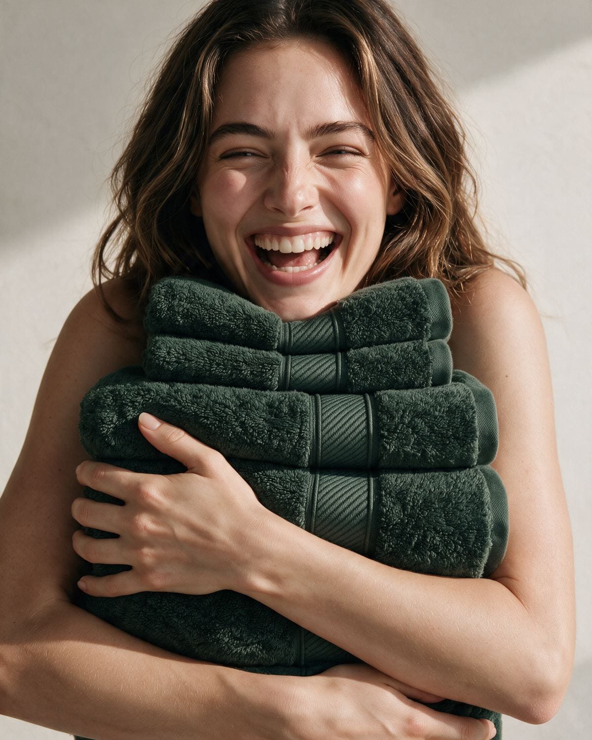 Dark Green Christmas bath towels held in a stack, 600 GSM Egyptian cotton