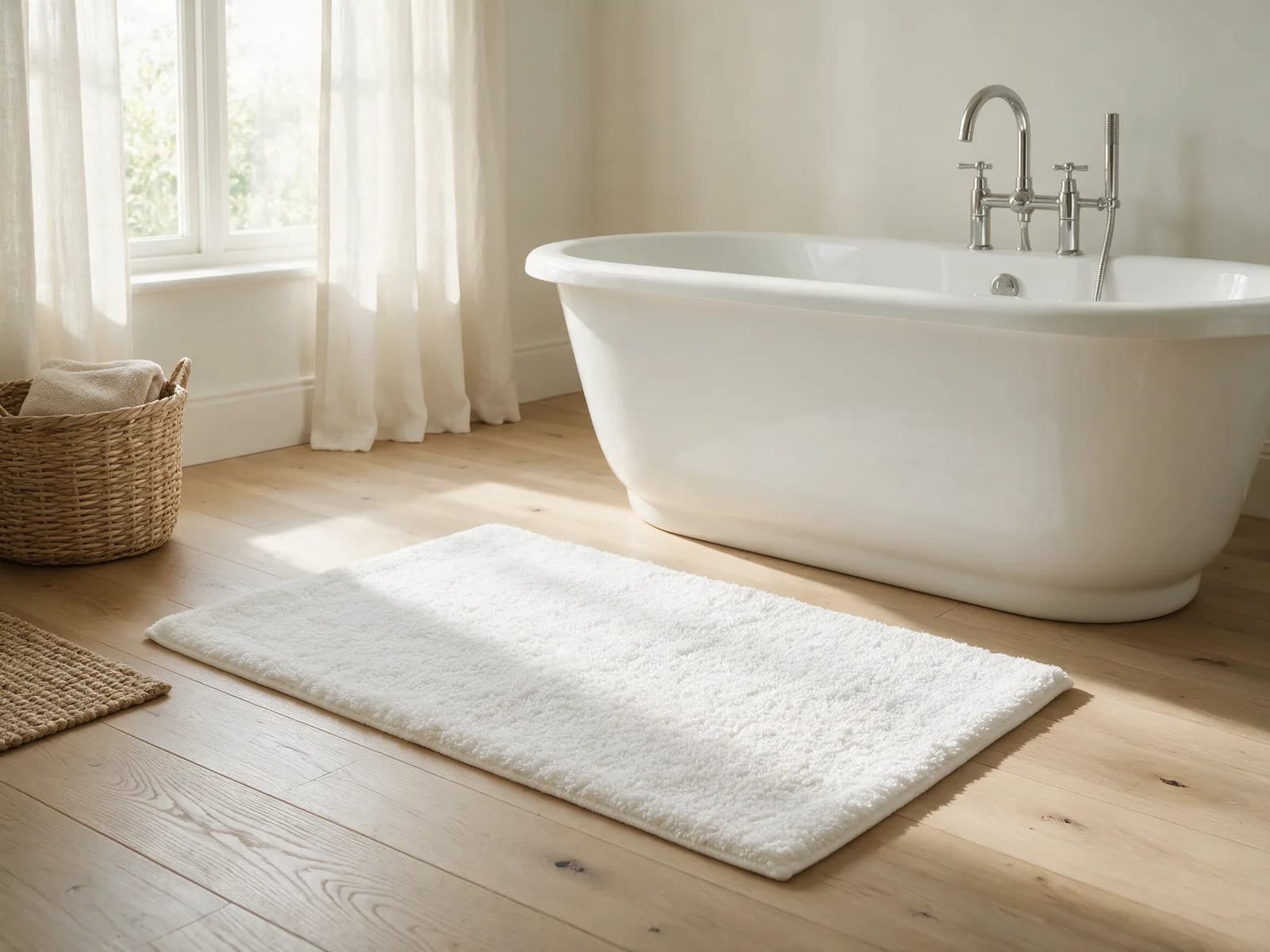 A cotton bath mat lying on the floor in front of a bathtub