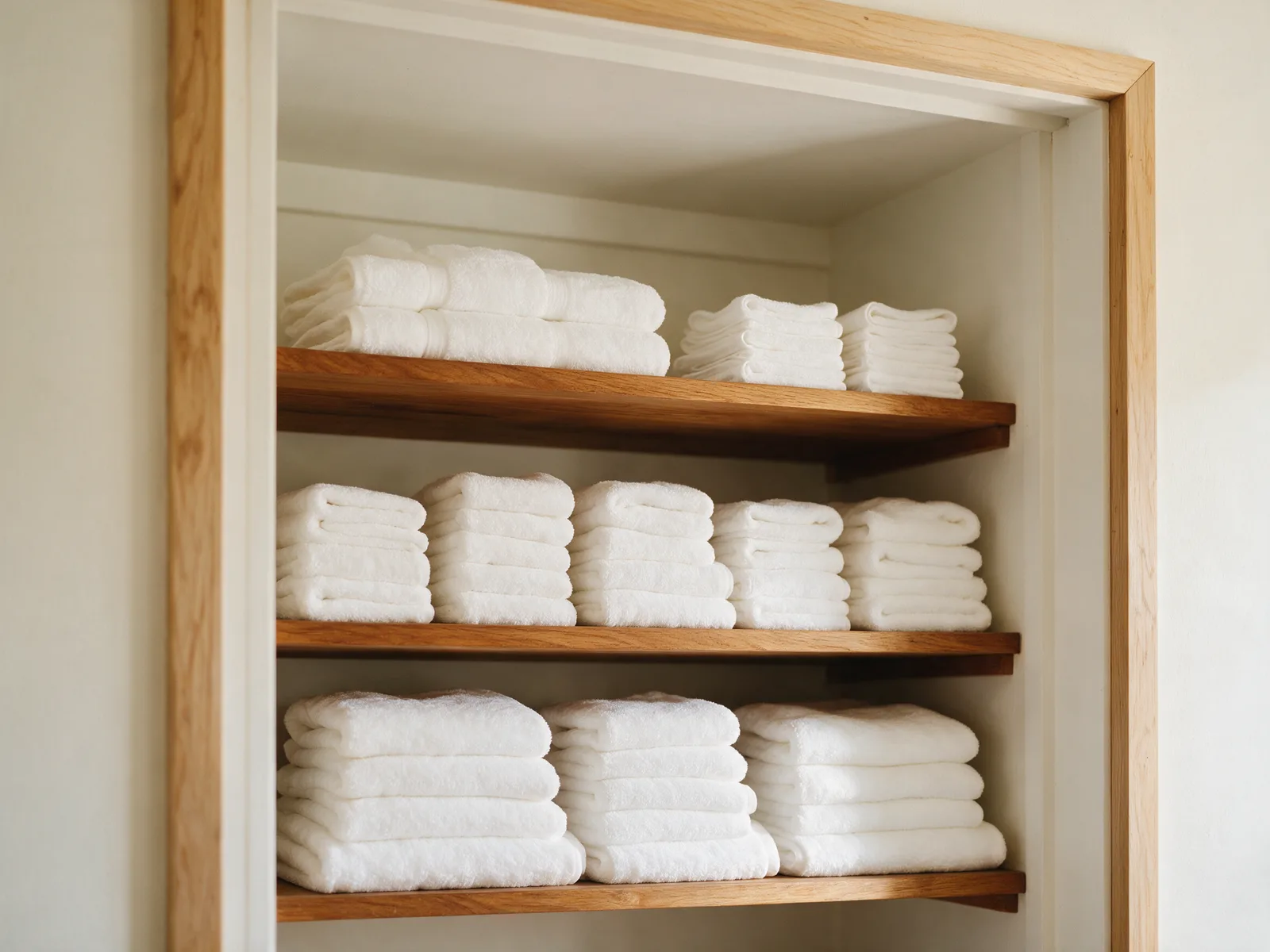 Folded bath sheets, bath towels, hand towels and washcloths stacked on an open linen shelf