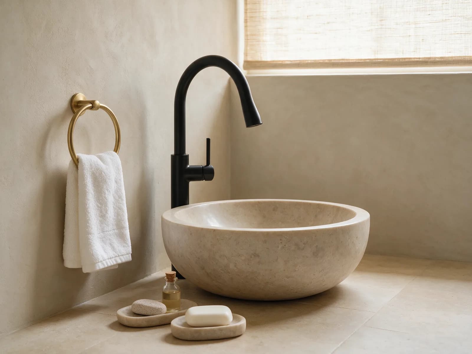 A hand towel hanging on a ring beside a bathroom sink
