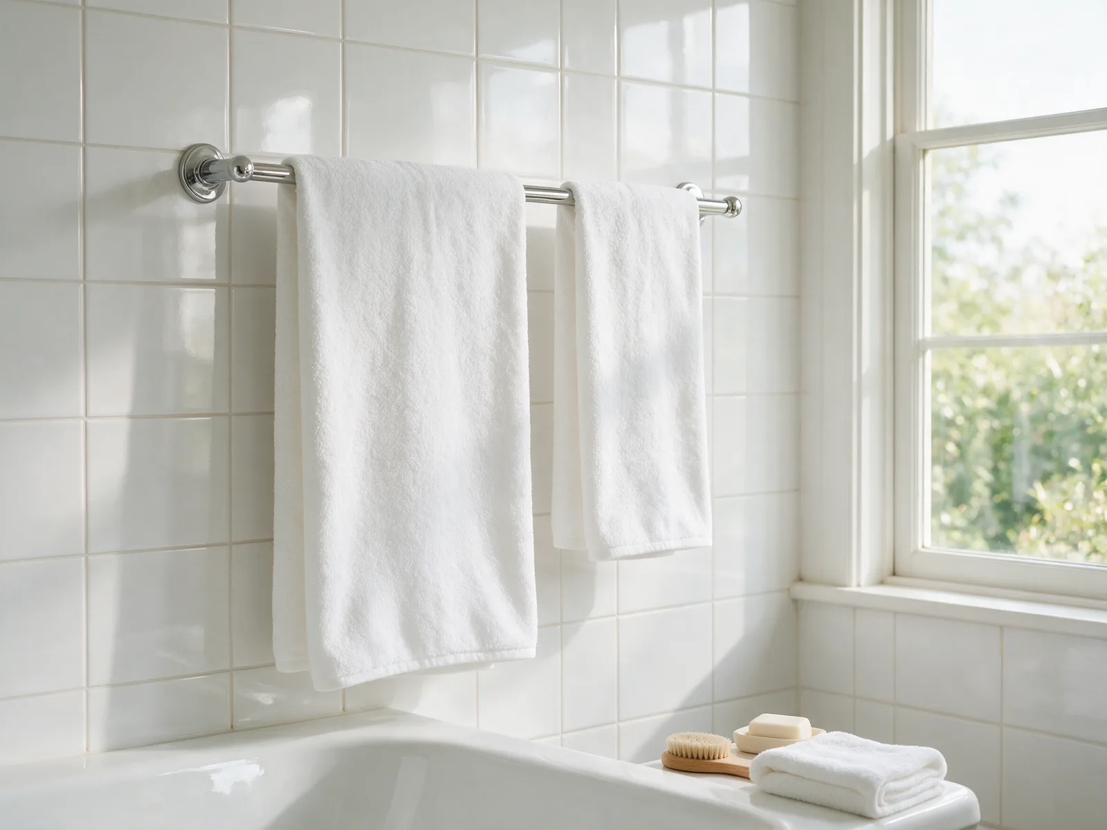 A bath sheet and a bath towel hanging side by side on a double towel bar, the sheet clearly wider and longer