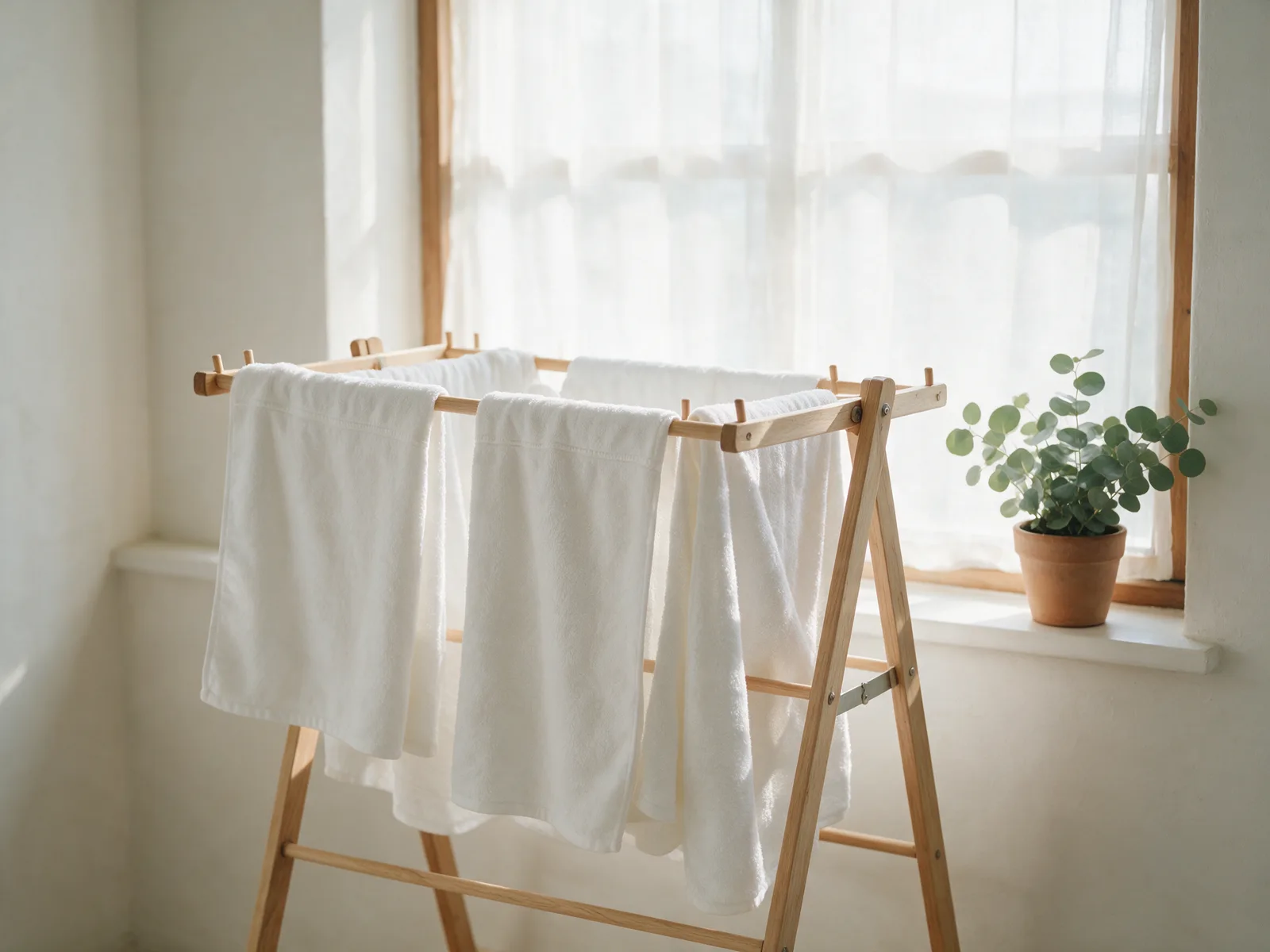White Egyptian cotton bath towels hanging spread out on a wooden drying rack in front of a bright window