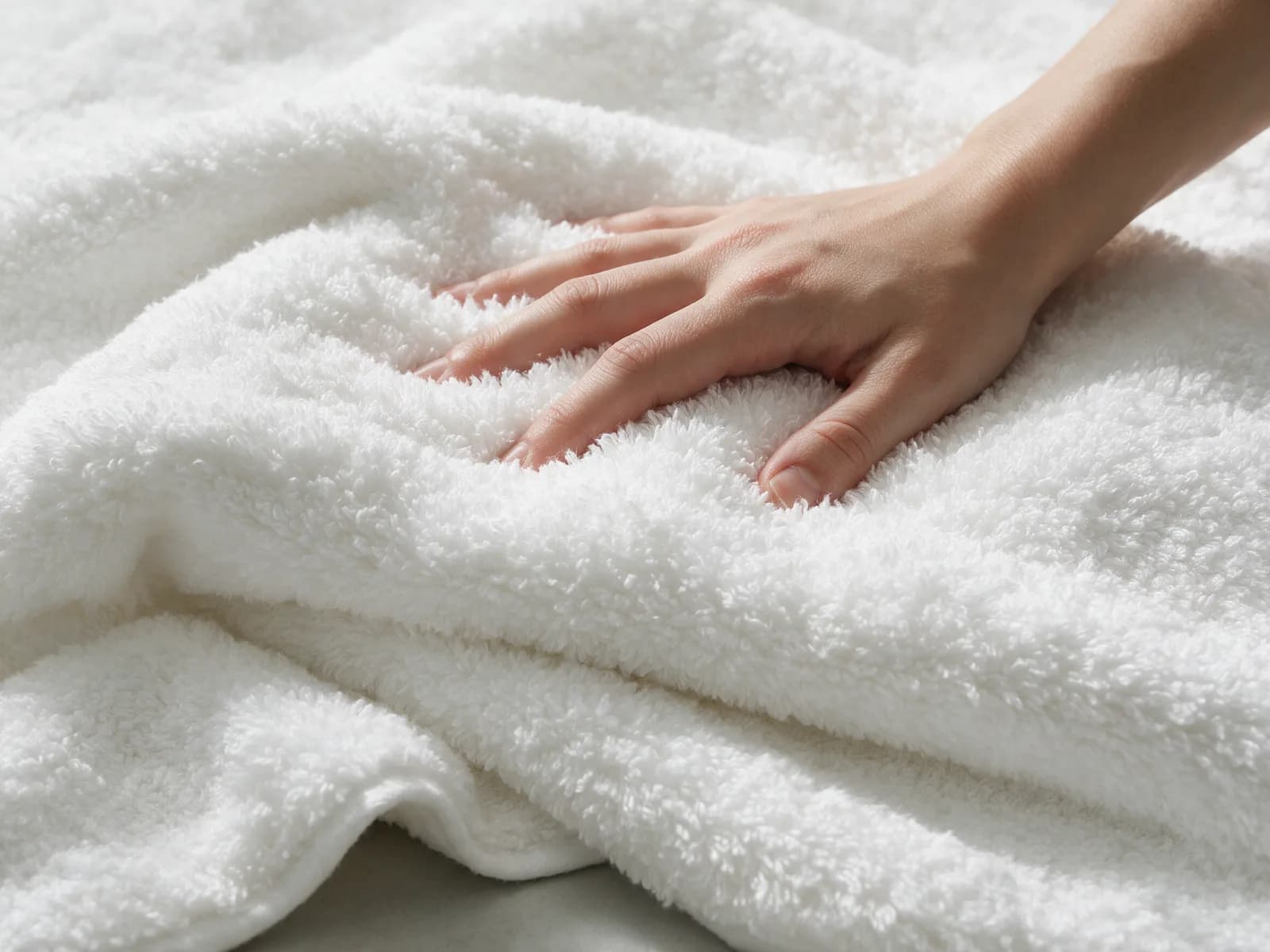 A hand pressing into a thick folded white Egyptian cotton bath towel, showing the depth of the terry pile