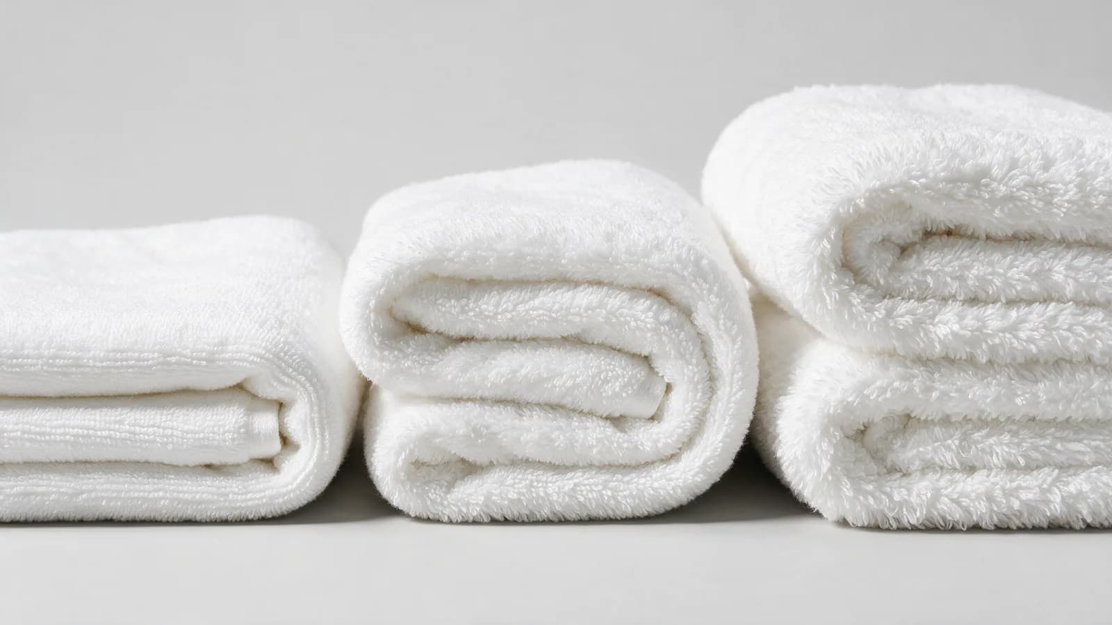 Three folded Egyptian cotton towel stacks side by side, thin, medium and thick pile