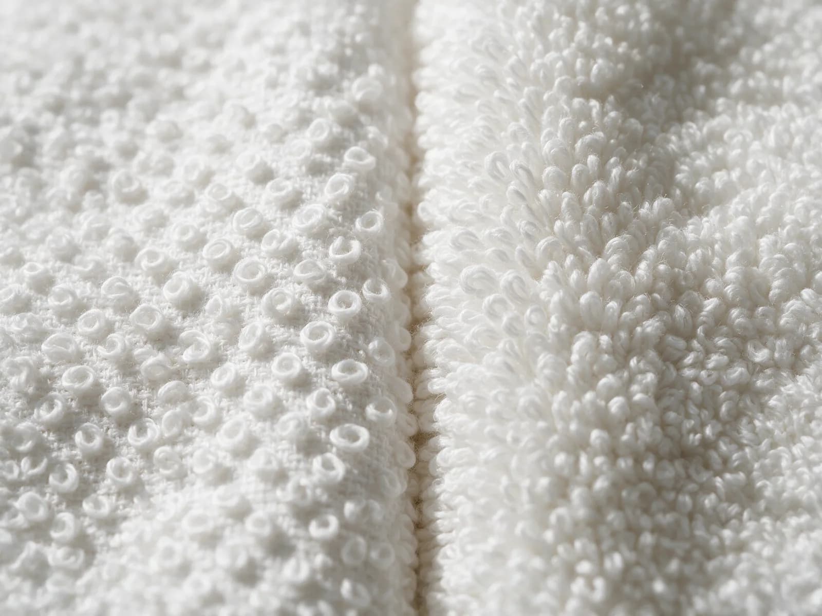 Macro photograph of terry loops on two Egyptian cotton towels side by side, one with lighter, more open pile and one with denser, taller pile