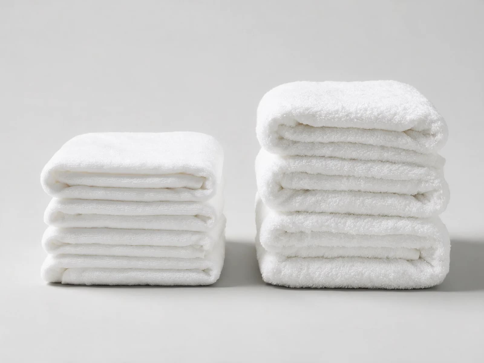 Two folded stacks of four white Egyptian cotton bath towels side by side, one stack visibly taller and denser than the other