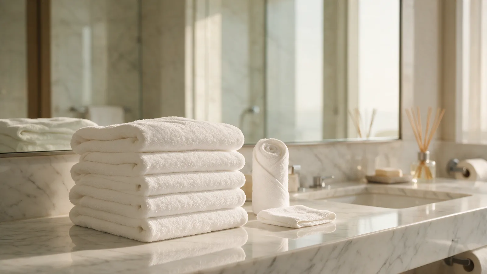 White cotton towels folded and stacked on a marble counter in a hotel bathroom