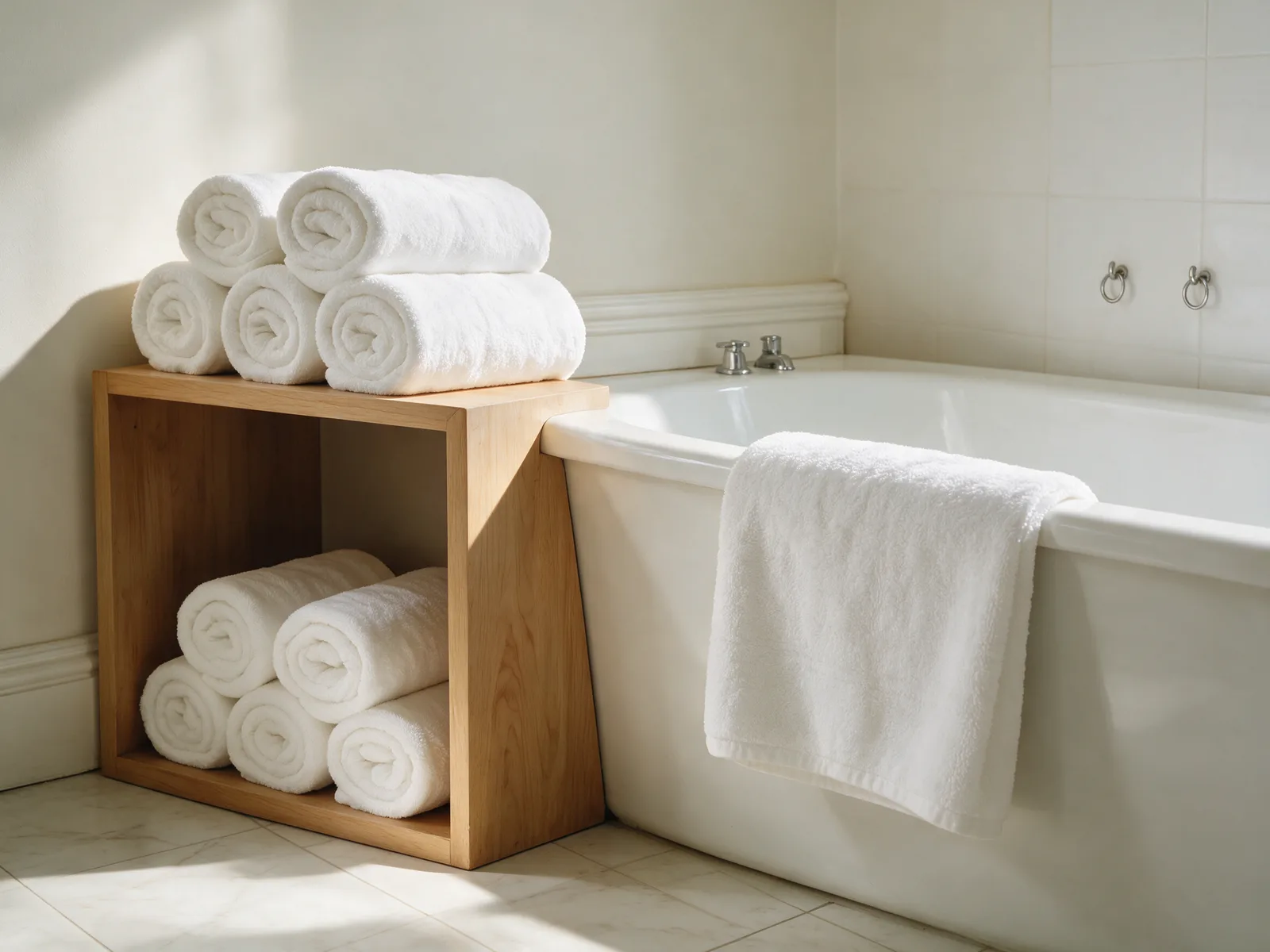 White towels rolled and stacked in a calm home bathroom, hotel style