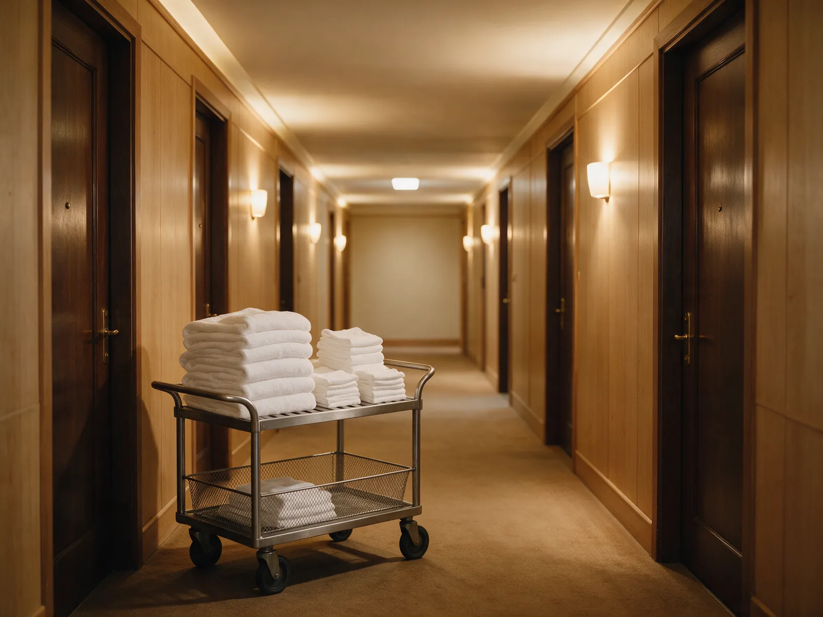 Housekeeping cart stacked with folded white towels in a hotel corridor