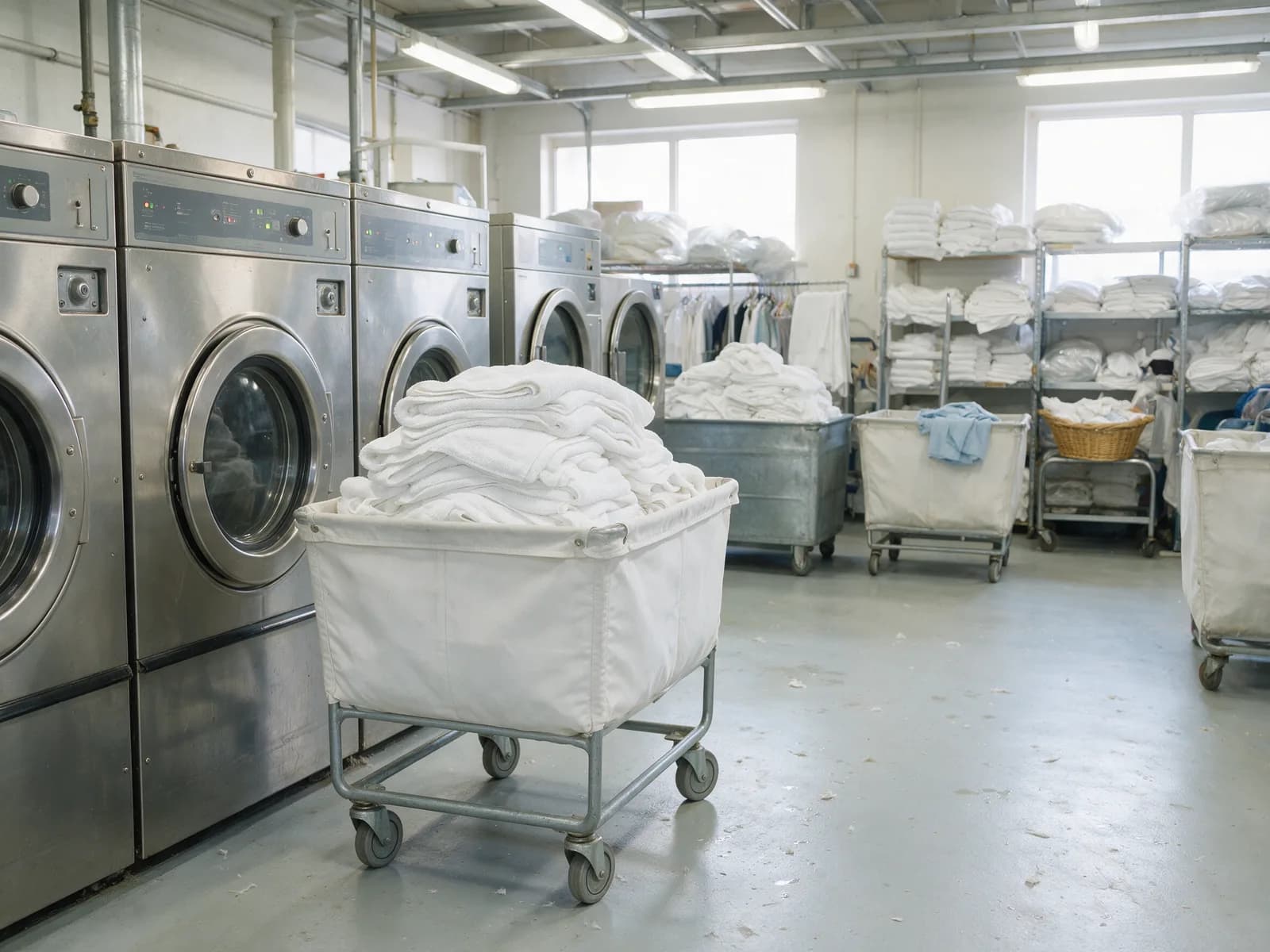 Industrial hotel laundry with white towels coming out of large washing machines