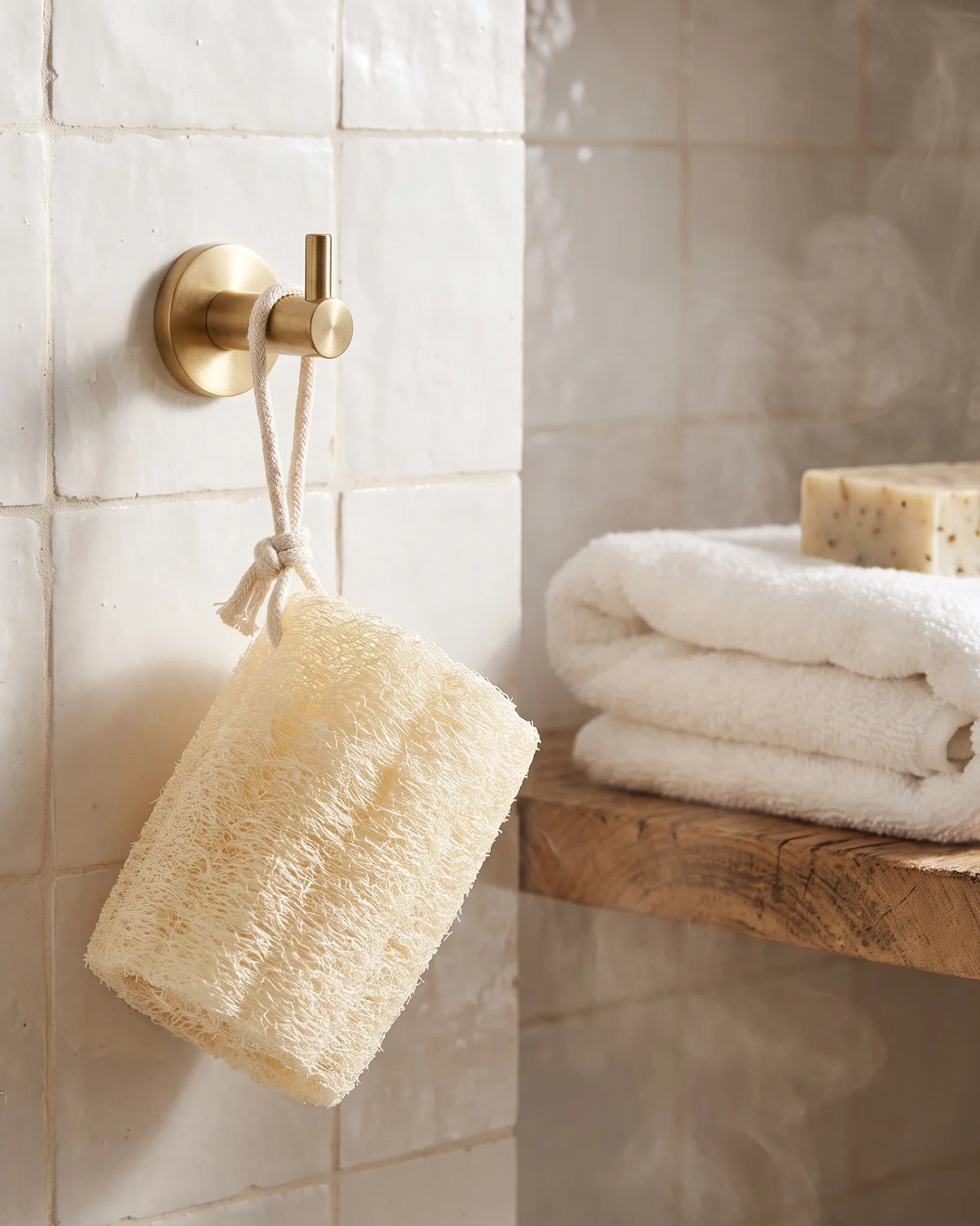 Kemet Egyptian loofah shower sponge air drying on a brass hook by its cotton rope