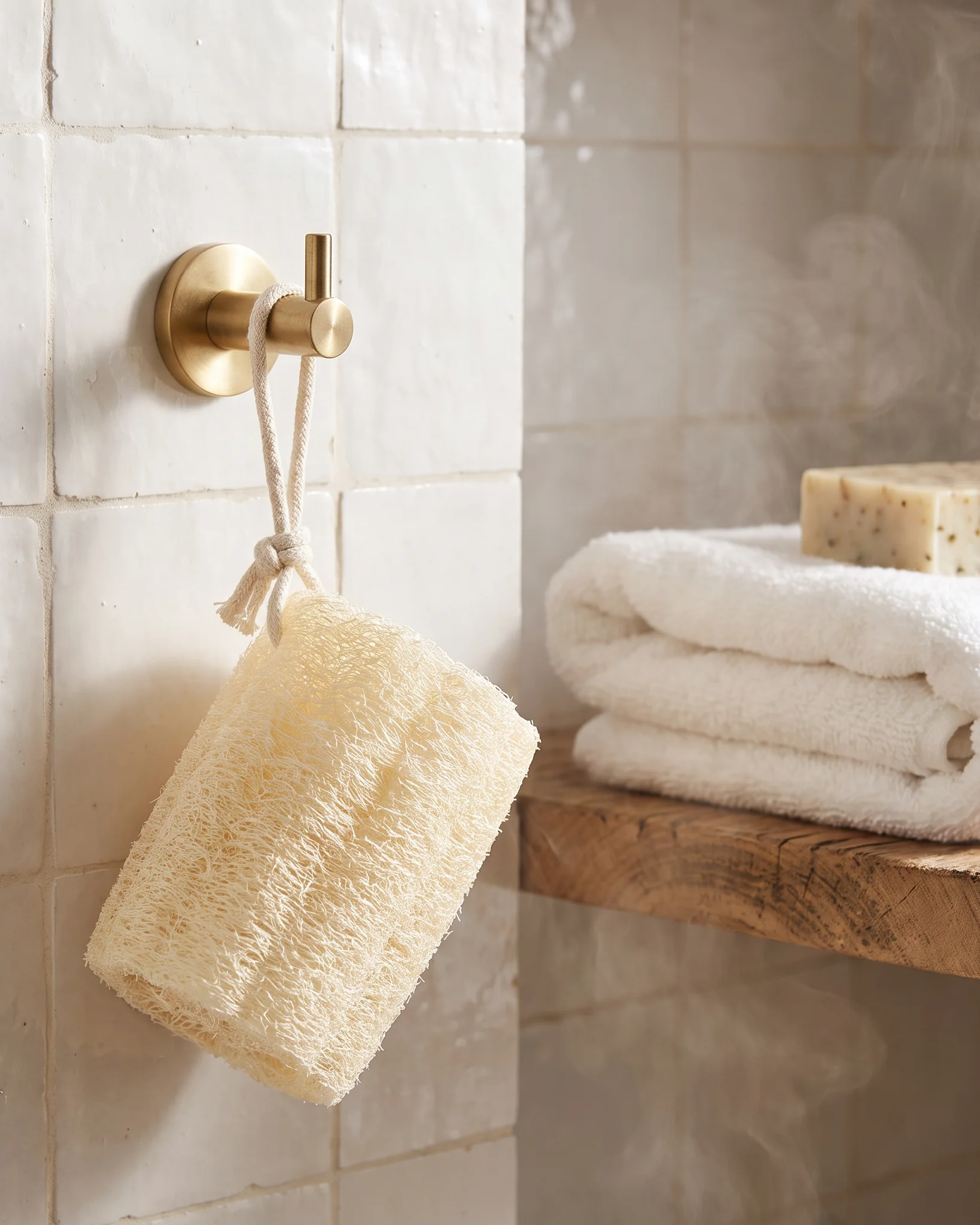 Kemet Egyptian loofah shower sponge air drying on a brass hook by its cotton rope