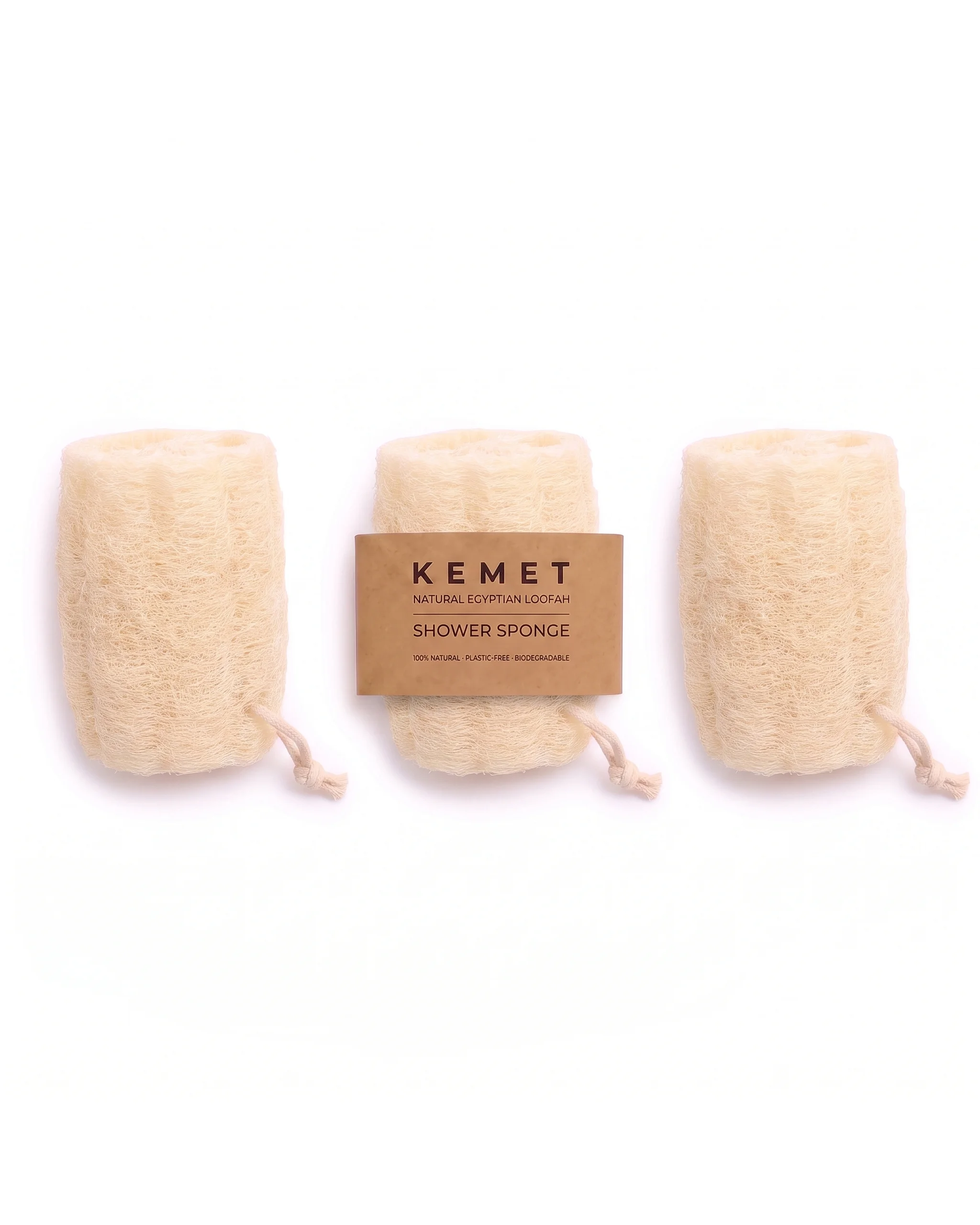 Set of 3 Kemet natural Egyptian loofah shower sponges with cotton ropes