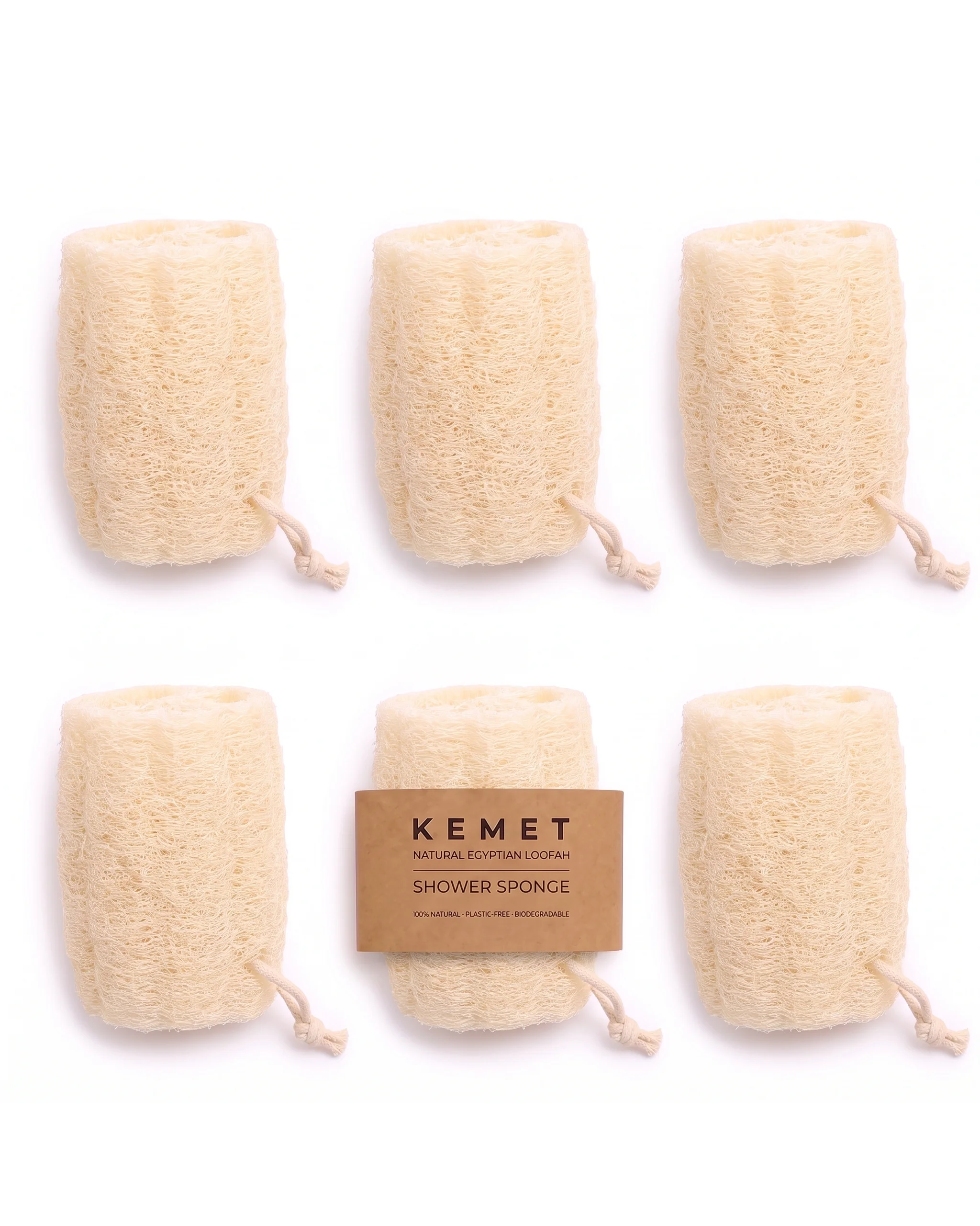 Set of 6 Kemet natural Egyptian loofah shower sponges with cotton ropes