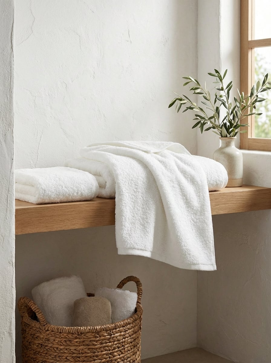 White towels on wooden shelf with wicker basket in Mediterranean bathroom
