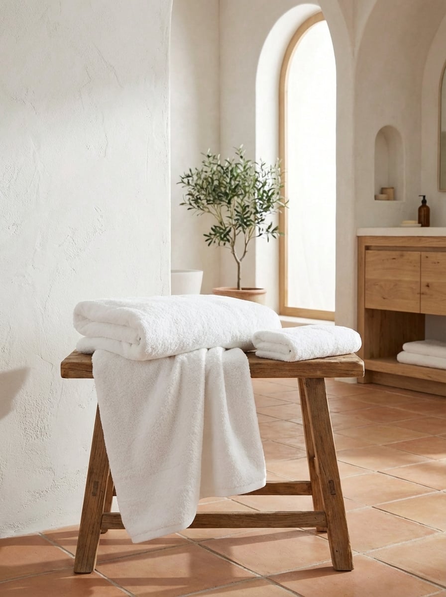 White towels draped on rustic wooden bench in sunlit bathroom