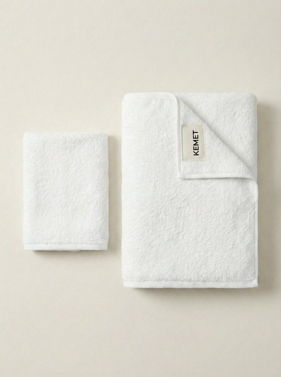 White towels with KEMET label flat lay