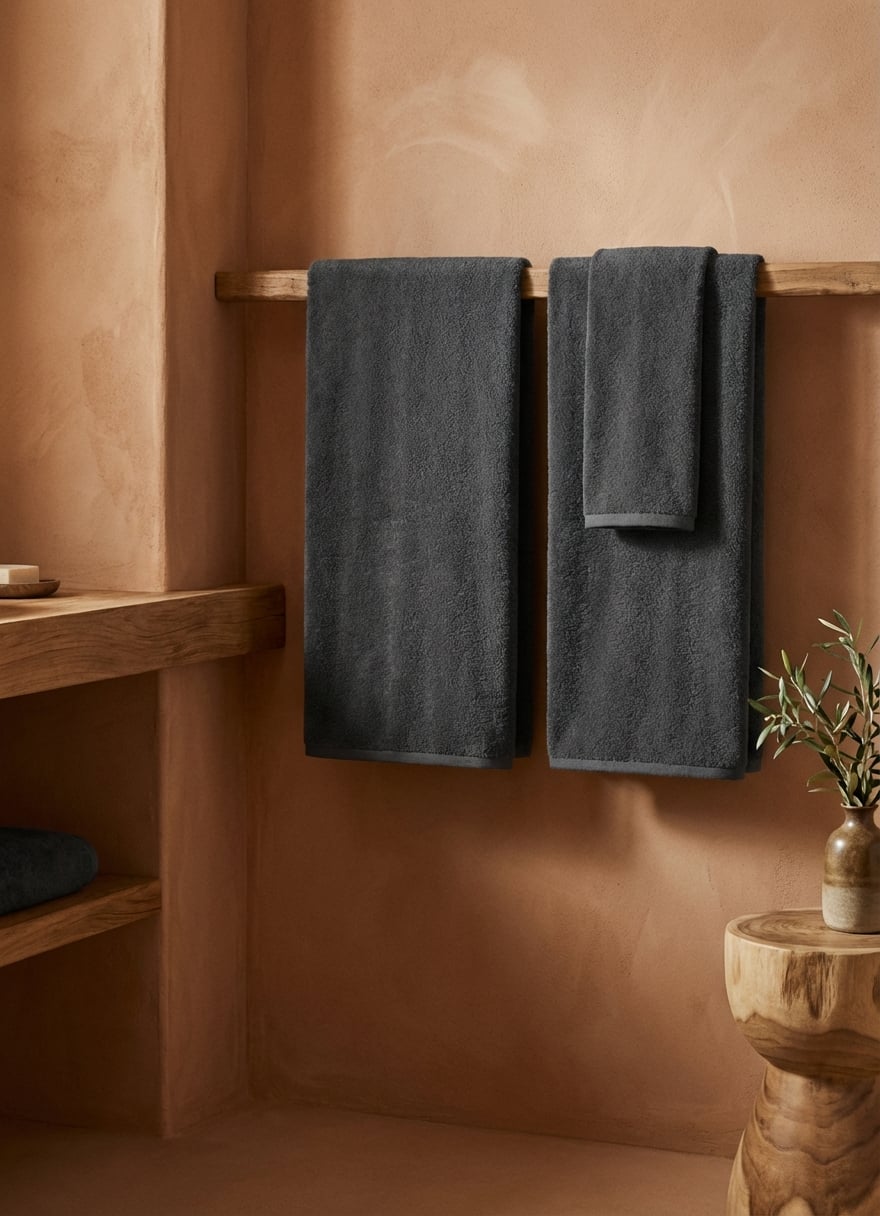 Charcoal Reserve towels hanging on wooden rack in terracotta bathroom