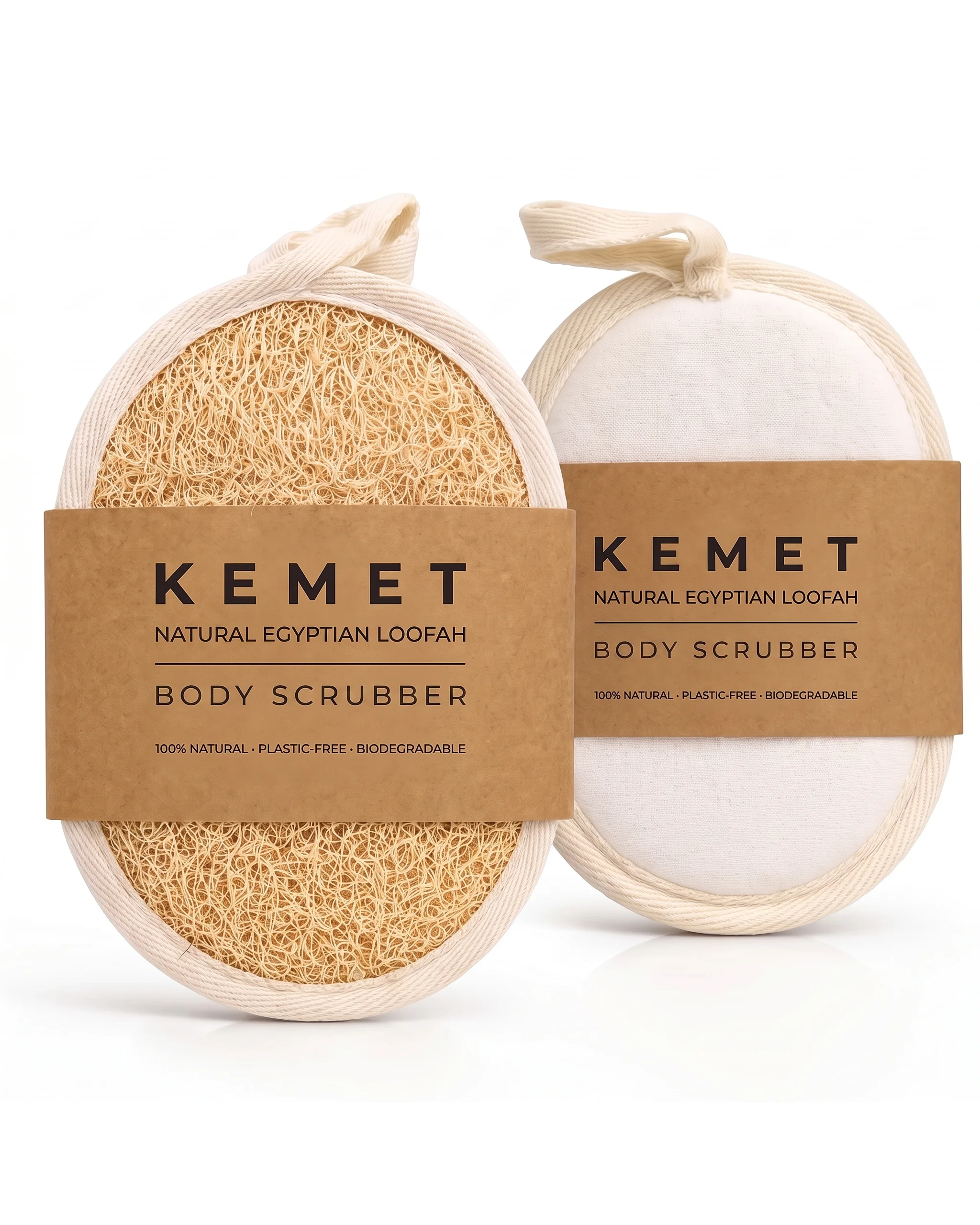 Loofah fiber front and soft cotton terry back of the Kemet Egyptian loofah pad