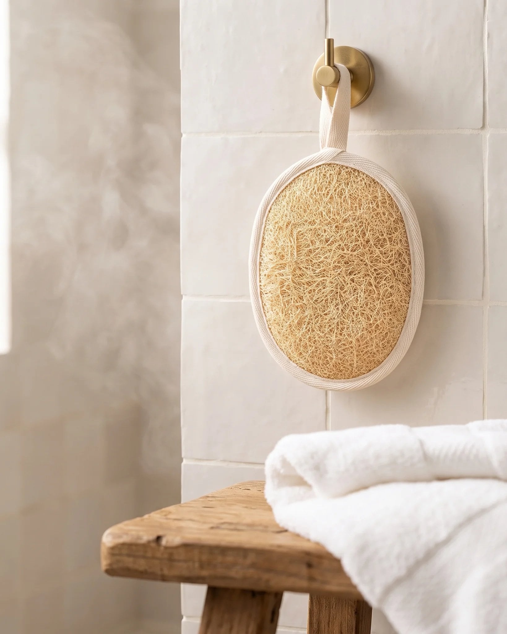 Kemet Egyptian loofah pad air drying on a brass hook by its cotton loop