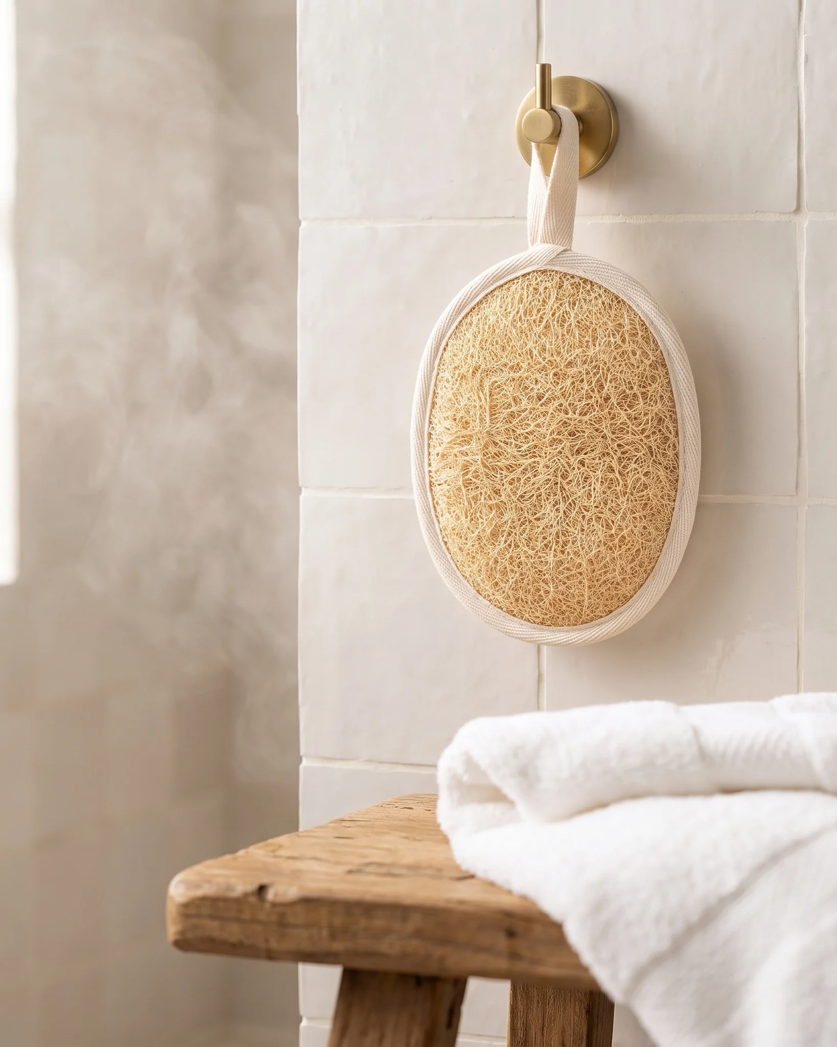 Kemet Egyptian loofah pad air drying on a brass hook by its cotton loop