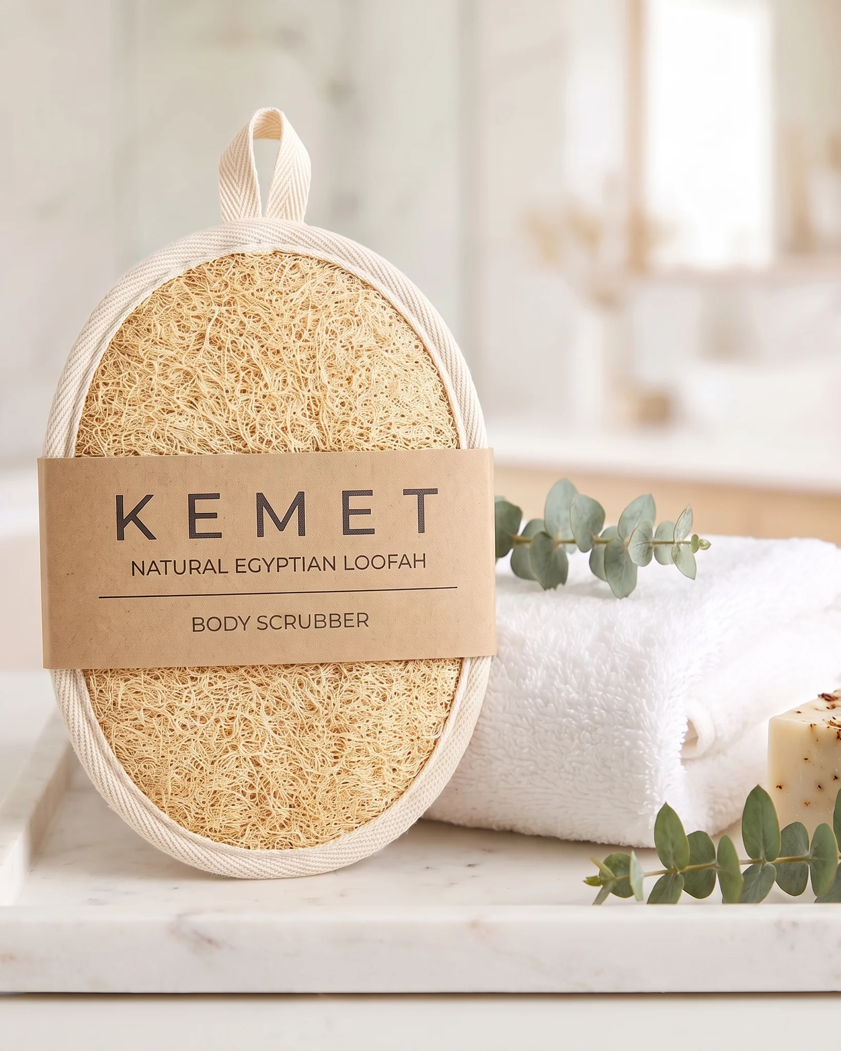 Kemet Egyptian loofah pad on a marble bath tray with towel and soap