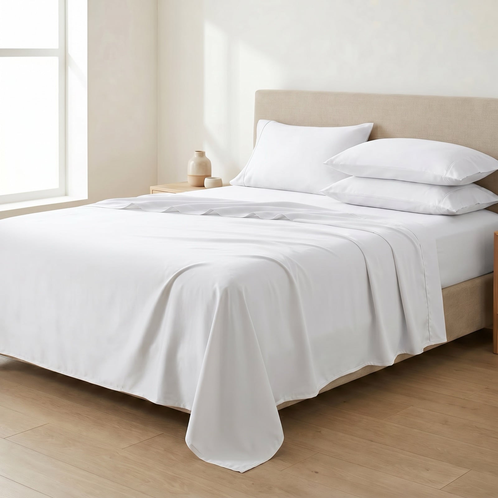 Pure White 600 thread count Egyptian cotton sateen sheet set dressed on a queen bed with folded flat sheet and stacked pillowcases in a sunlit minimal bedroom