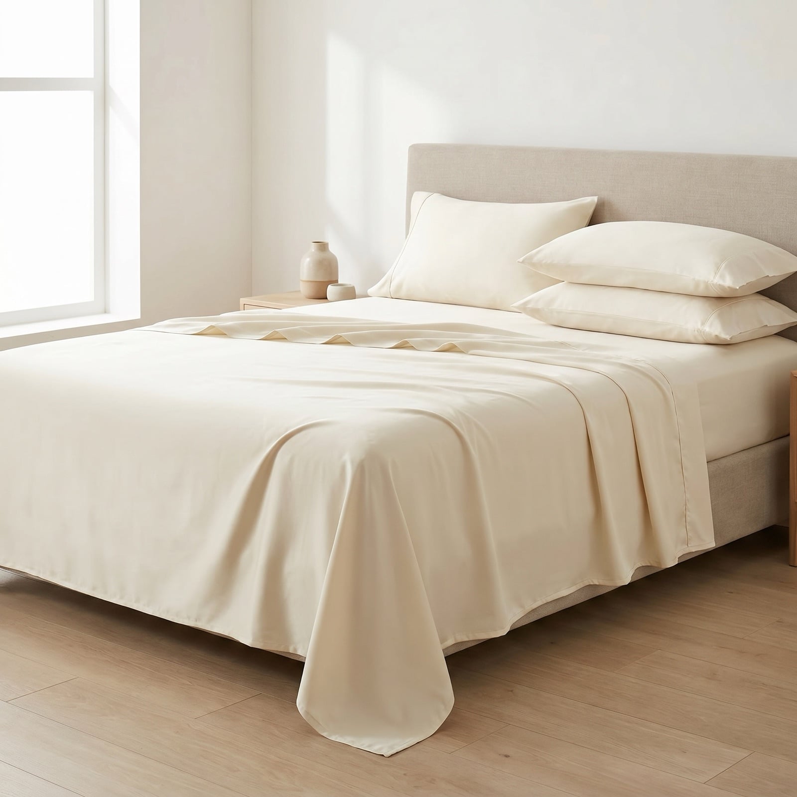 Egyptian cotton sateen sheet set in ivory dressed on a queen bed with the flat sheet folded back in a relaxed wave and matching pillowcases stacked against a greige linen headboard, styled in a bright airy minimal bedroom with pale oak floors and soft