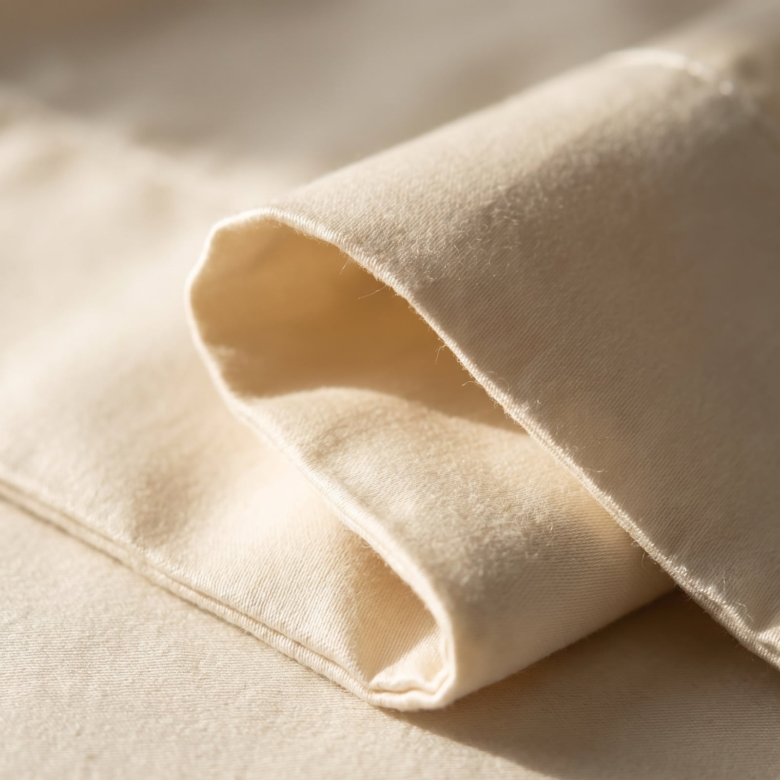 Macro close-up of ivory Egyptian cotton sateen fabric showing the fine dense 600 thread count weave, folded hem edge and soft natural luster under raking light