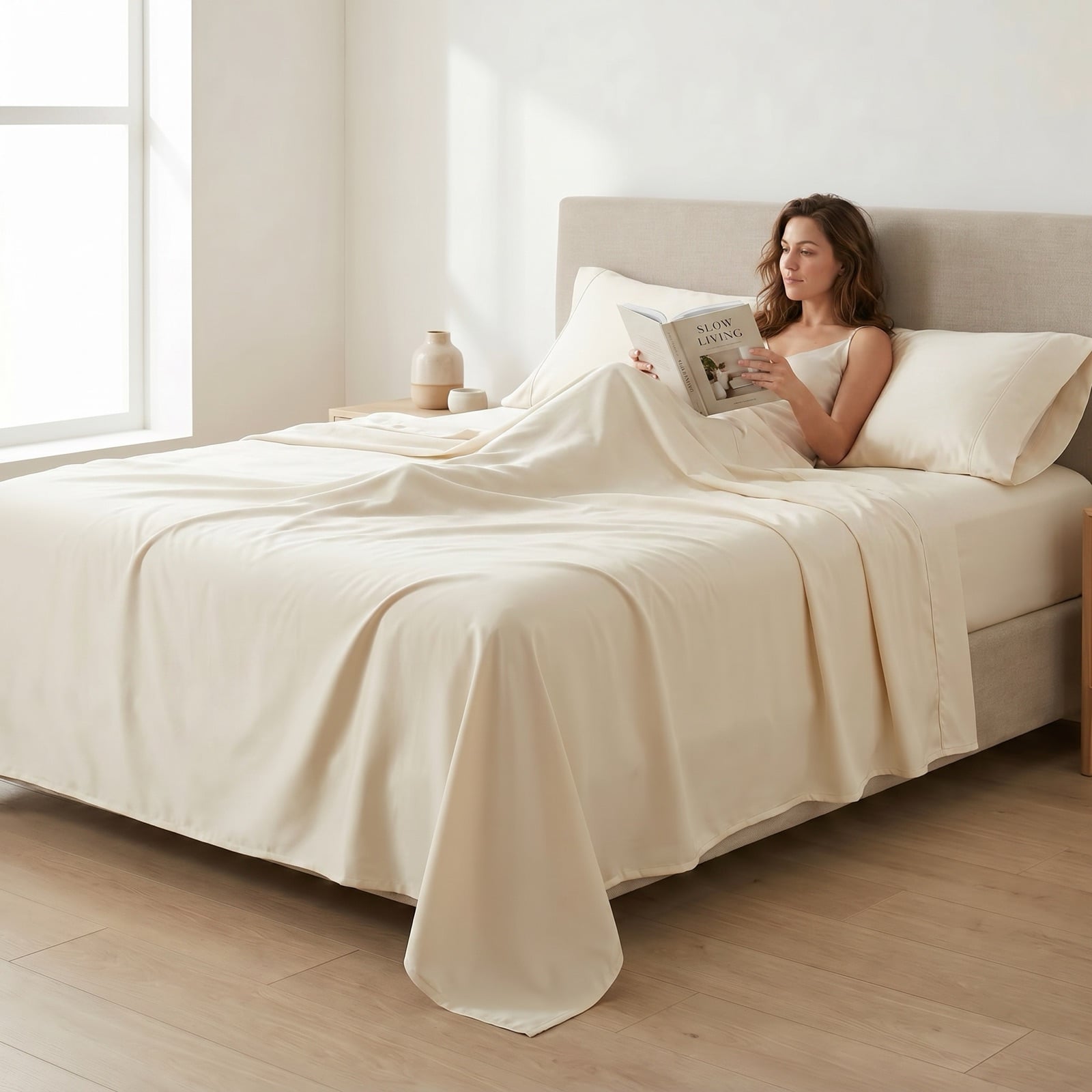 Woman relaxing in bed reading a book under ivory Egyptian cotton sateen sheets and pillowcases in soft morning light in a minimal bedroom