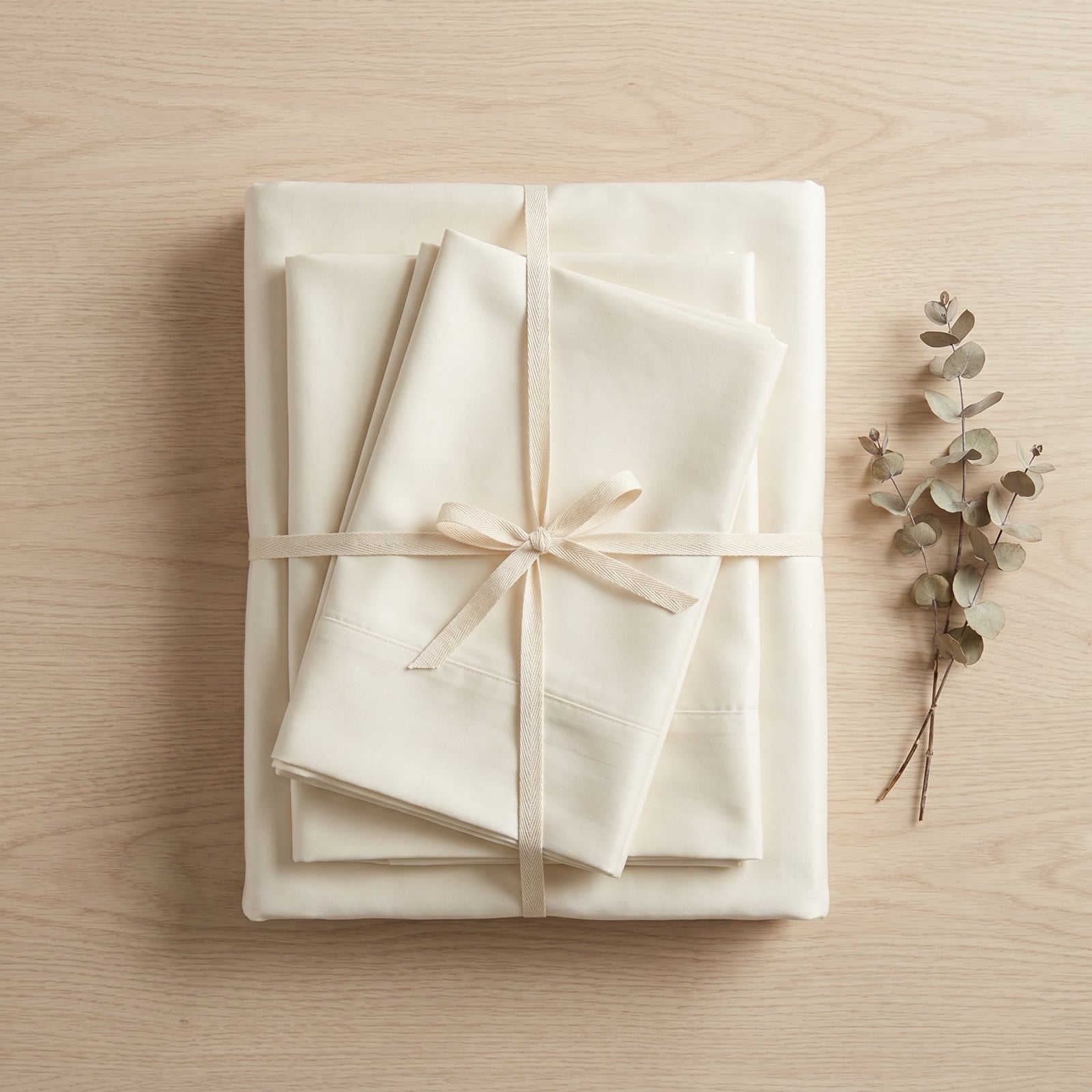 Overhead flat lay of a neatly folded four-piece ivory Egyptian cotton sateen sheet set tied with natural cotton ribbon on pale oak beside a eucalyptus sprig