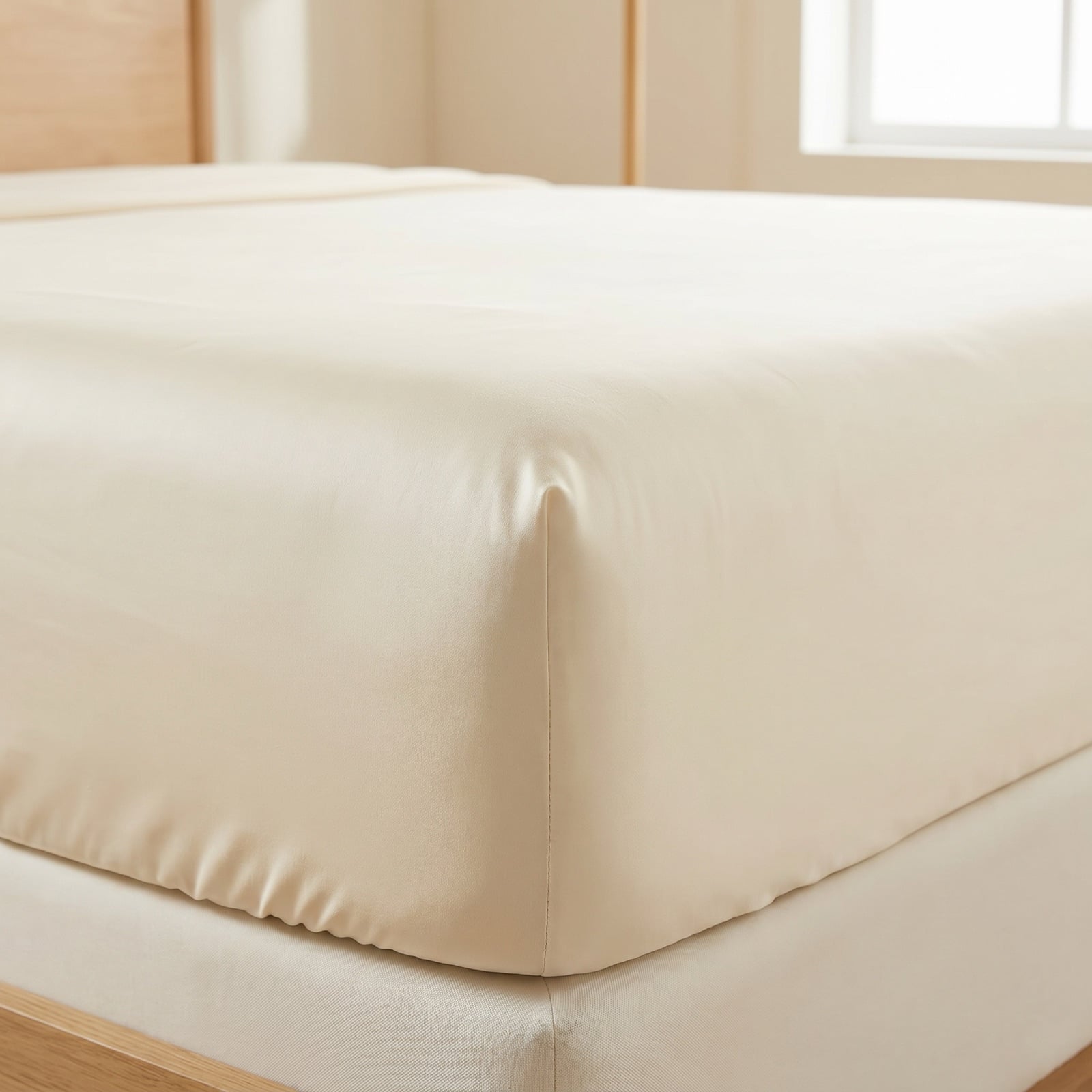 Close-up of an ivory Egyptian cotton fitted sheet corner with a deep 16-inch pocket and full elastic hem wrapped snugly around a thick mattress