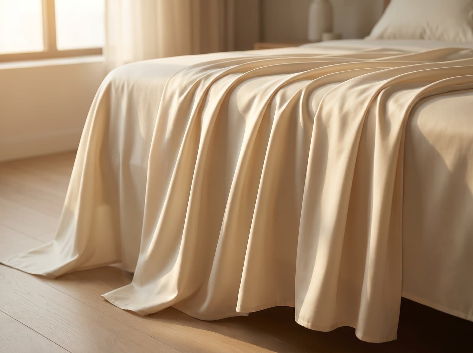 Ivory Egyptian cotton sateen sheet draping in fluid folds over the edge of a bed, catching warm golden morning light