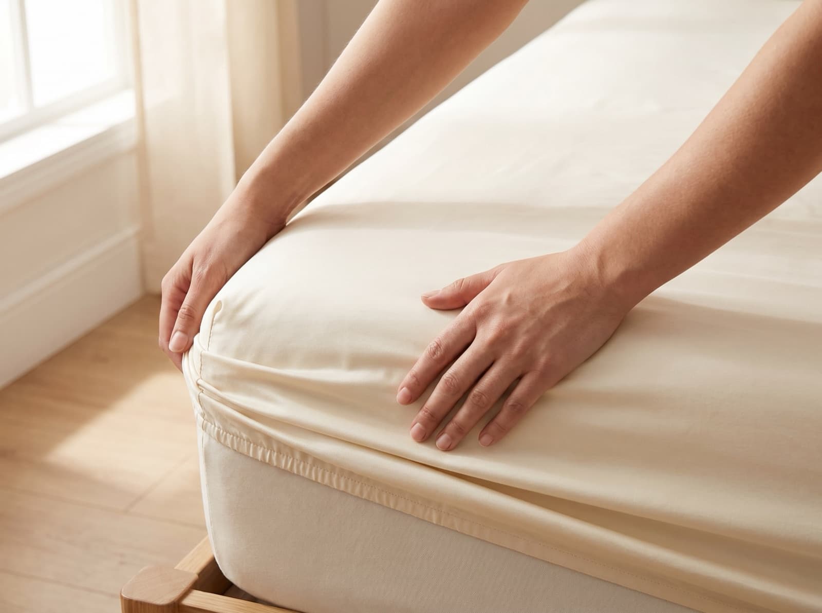 Hands smoothing the corner of an ivory Egyptian cotton fitted sheet over a mattress, showing the elasticated deep 16-inch pocket