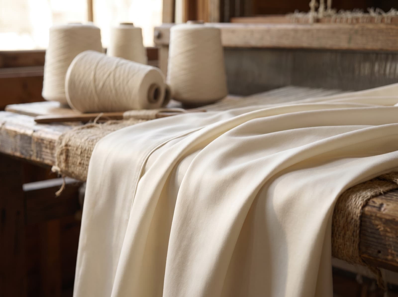 Cones of fine Egyptian cotton yarn beside buttery-soft ivory sateen fabric draped over the loom at our Egyptian mill