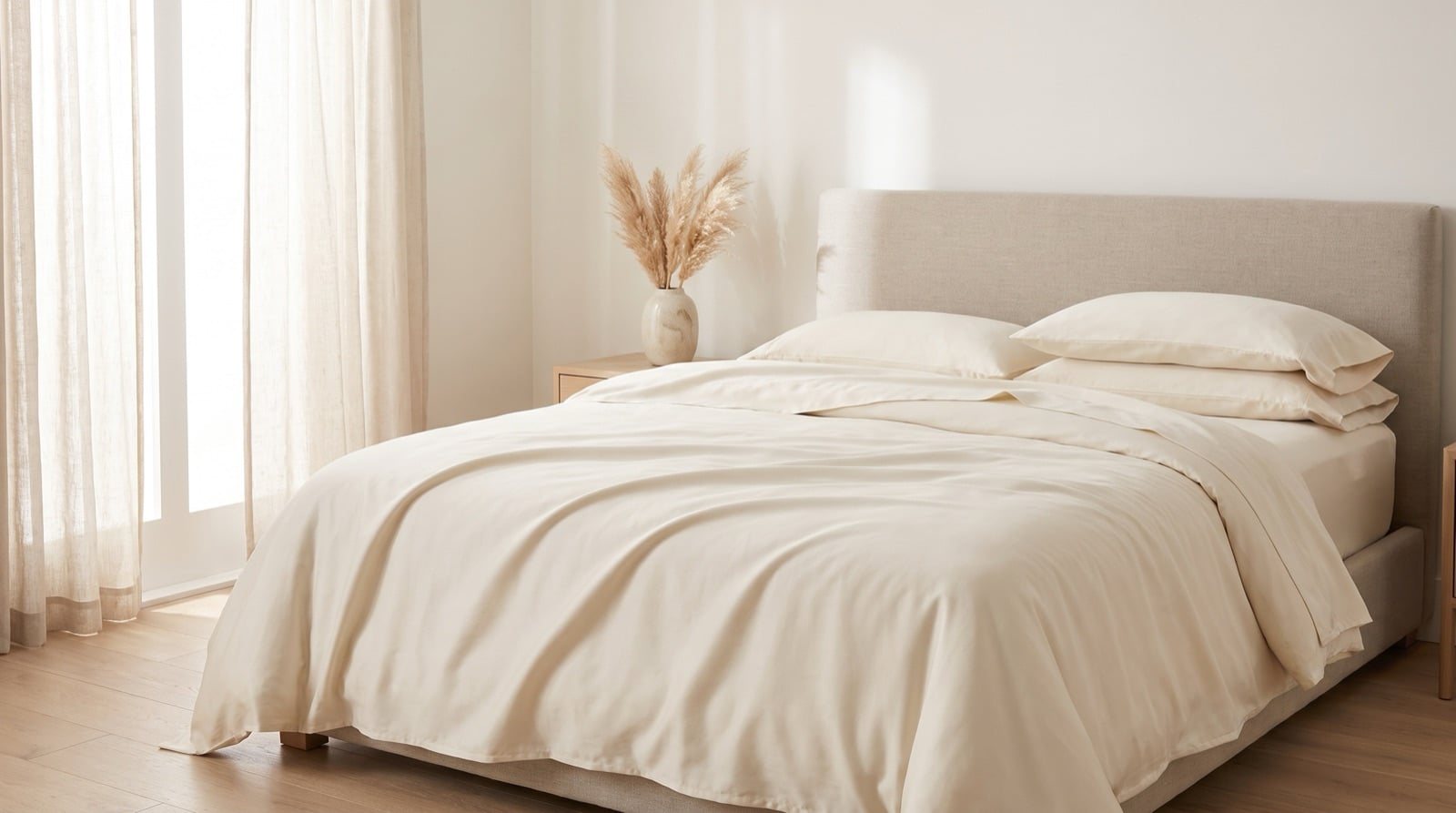 Egyptian cotton sateen sheet set dressed on a bed in a bright, minimal bedroom