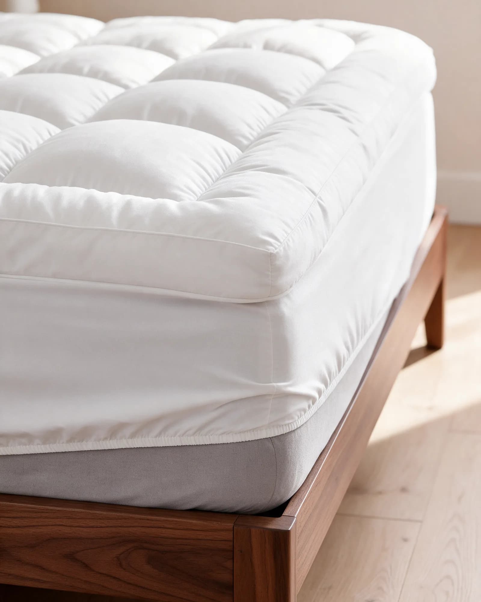 Elasticated skirt of the Cloud Mattress Topper stretched over a mattress corner, fits 8 to 24 inch depths