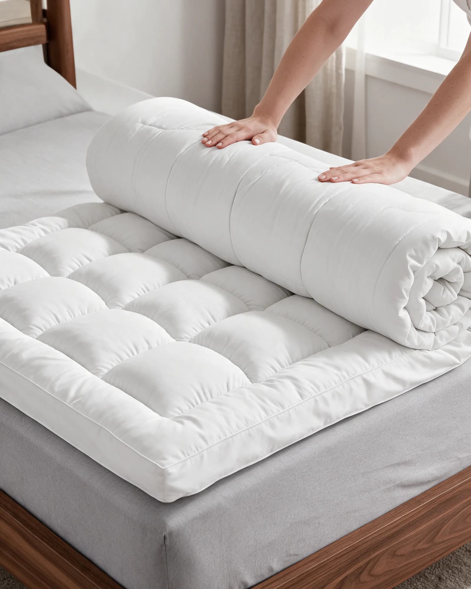 Unrolling the vacuum-packed Cloud Mattress Topper onto a mattress