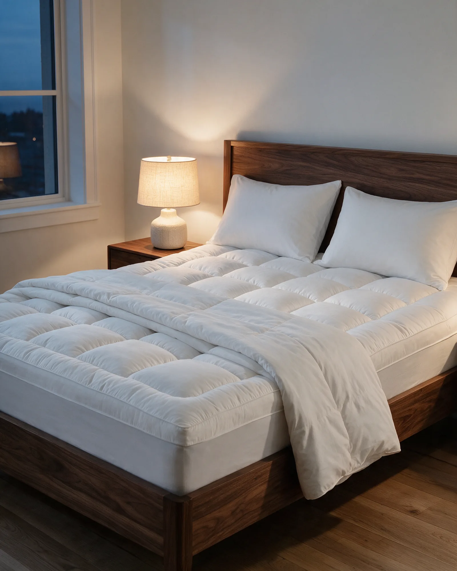 Cloud Mattress Topper on a walnut bed at dusk with a bedside lamp
