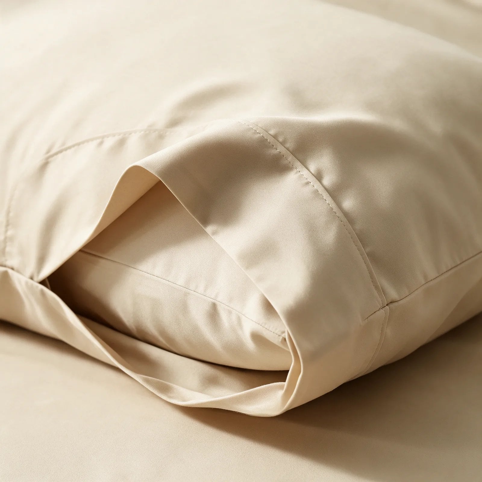 Close-up of the envelope closure on an ivory Egyptian cotton sateen pillowcase showing the folded inner flap, hem stitching and smooth 600 thread count weave