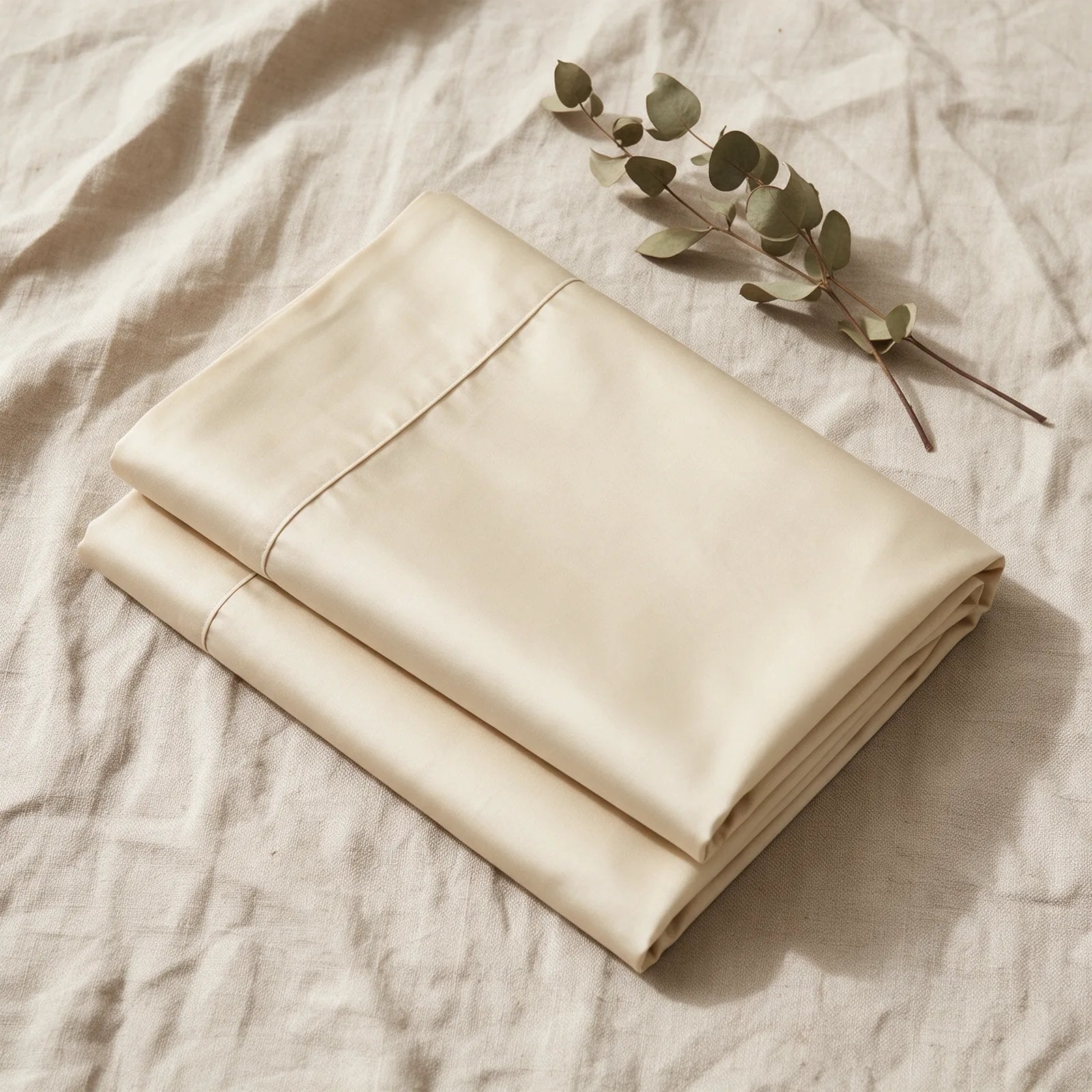 Two folded ivory Egyptian cotton sateen pillowcases stacked flat on natural linen beside a sprig of dried eucalyptus
