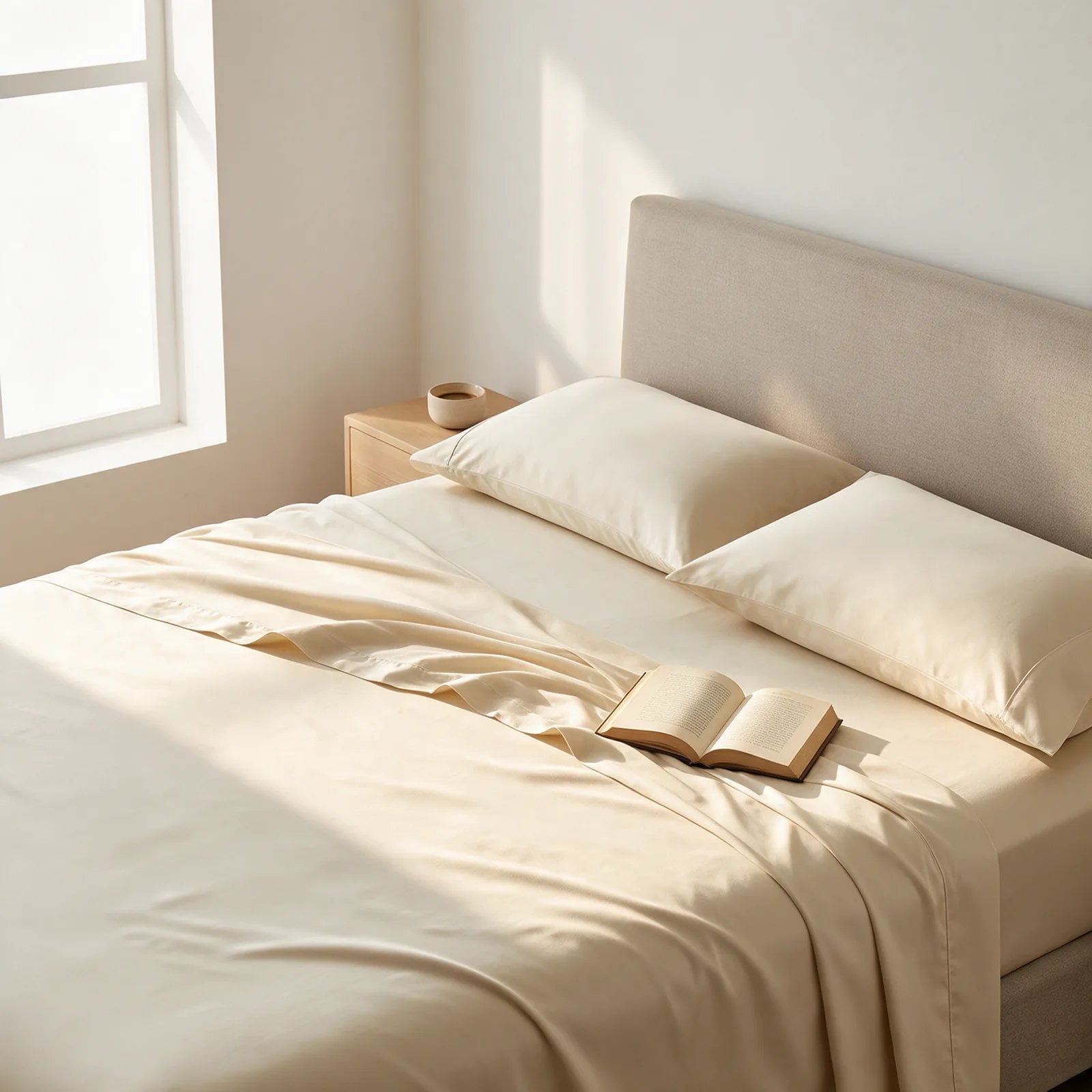 Pair of ivory Egyptian cotton sateen pillowcases on a bed with an open book and a cup of coffee in soft morning light