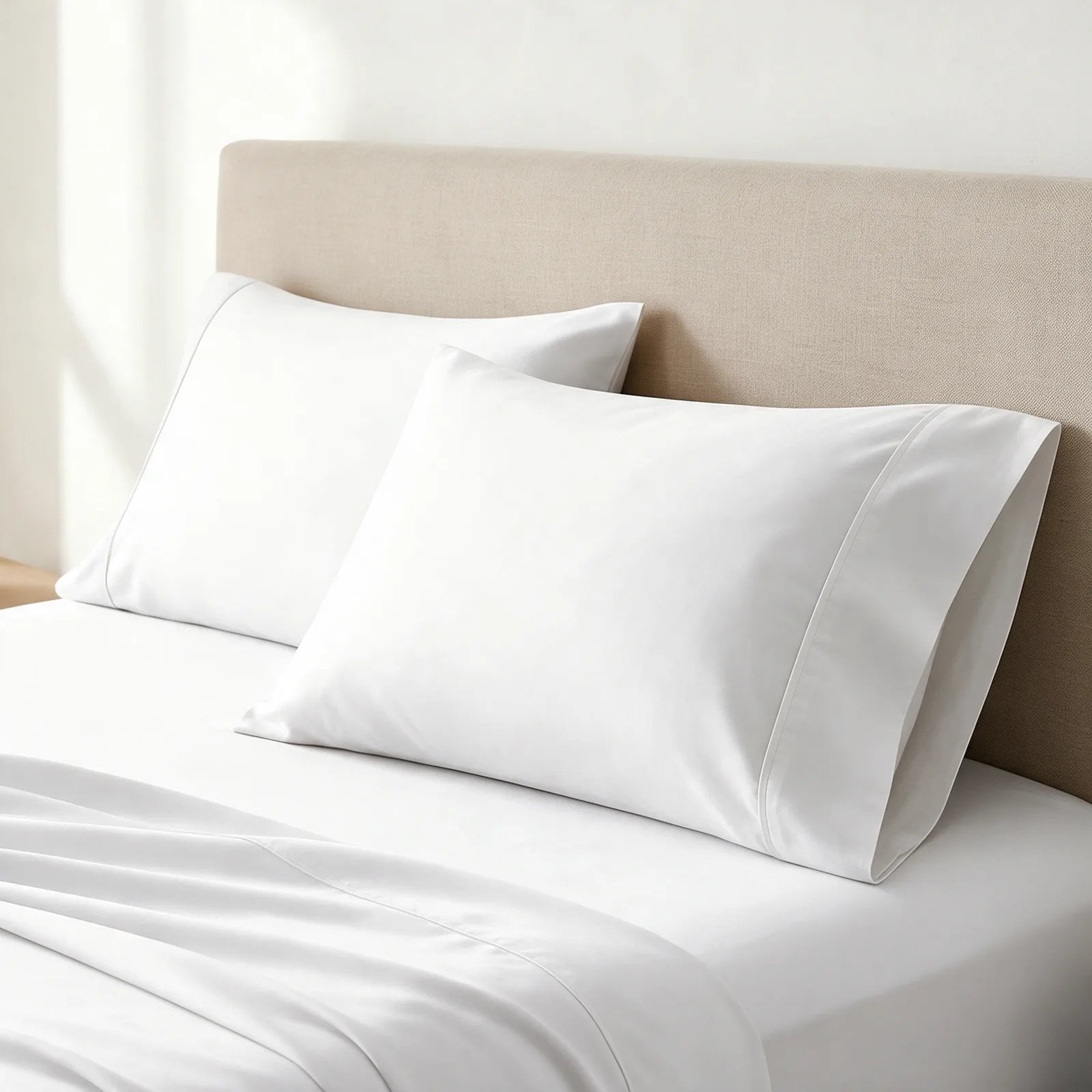 Pure White Egyptian cotton sateen pillowcases, set of 2, on a queen bed with matching sheets in a bright minimal bedroom