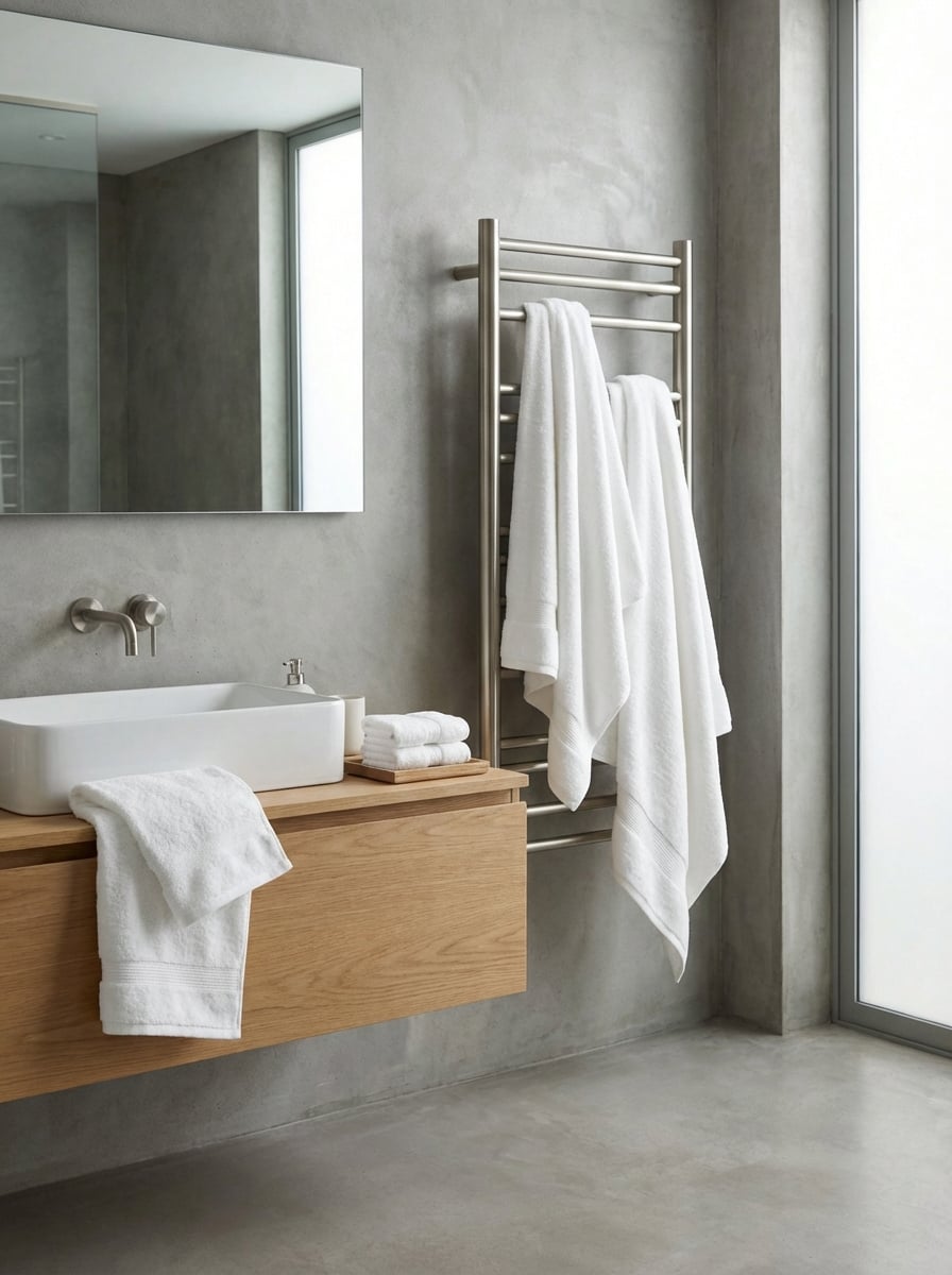 Signature Series towels on heated towel rack in modern bathroom