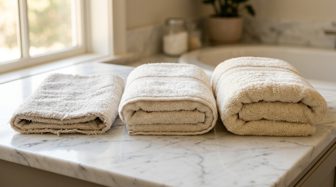 Three different cotton towels showing texture comparison