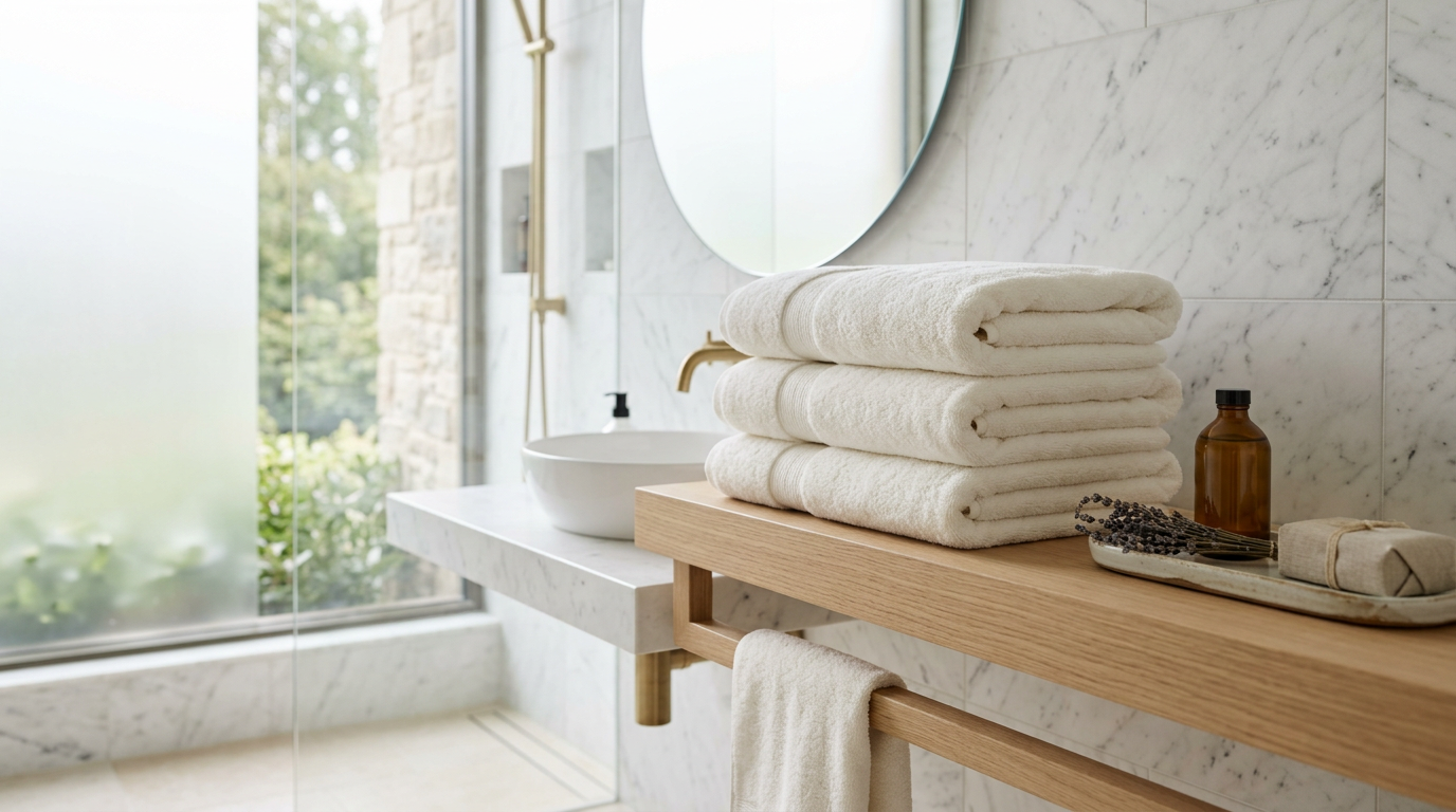 Premium Egyptian cotton towels neatly folded on a bathroom shelf