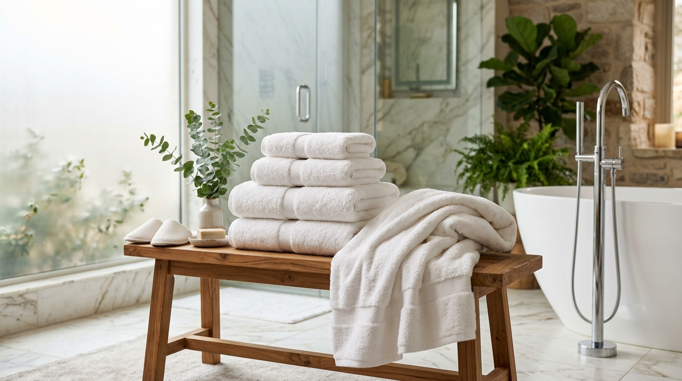 Stacked luxury Egyptian cotton bath towels in a modern spa-inspired bathroom