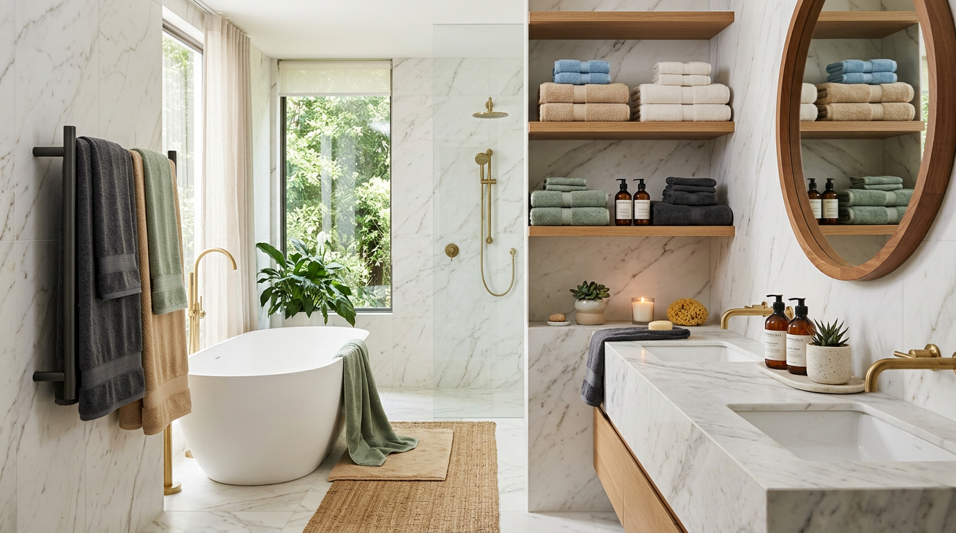 Collection of luxury towels in trending 2026 bathroom colors