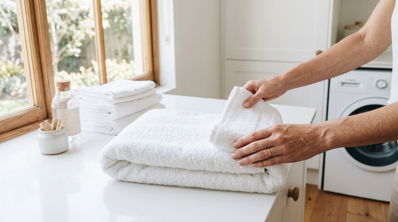 Freshly laundered Egyptian cotton towels folded on a clean white surface