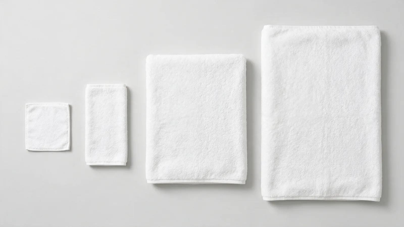 Washcloth, hand towel, bath towel and bath sheet laid flat from above
